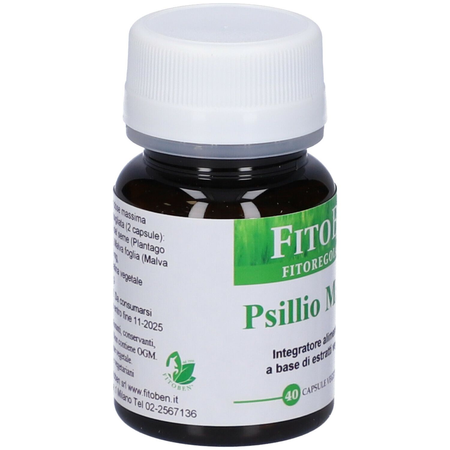 Flacone marrone con tappo bianco. Etichetta con informazioni sul prodotto. Marchio FitoBen. 40 capsule.