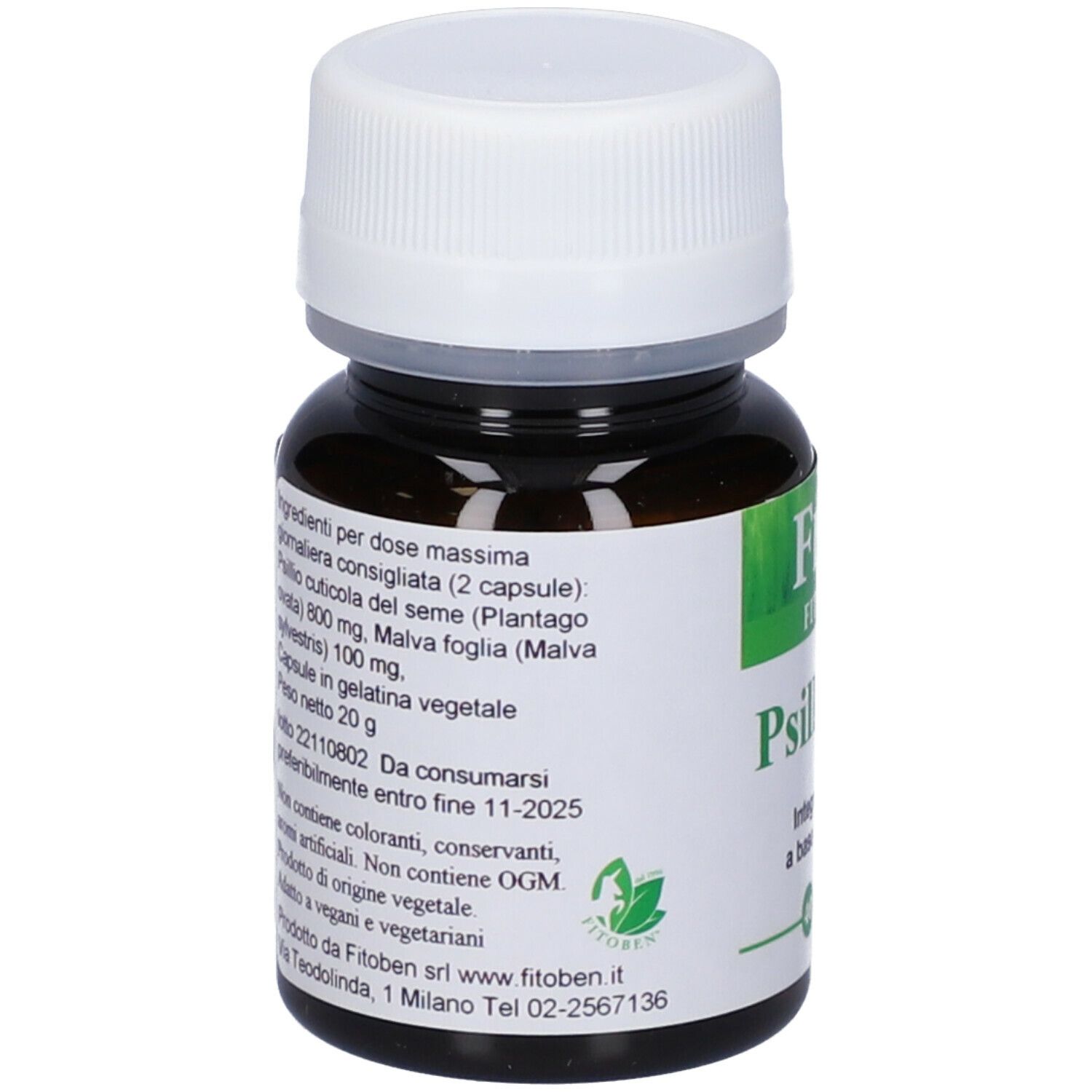 Flacone marrone con tappo bianco. Etichetta con informazioni sul prodotto. Marchio FitoBen. 40 capsule.