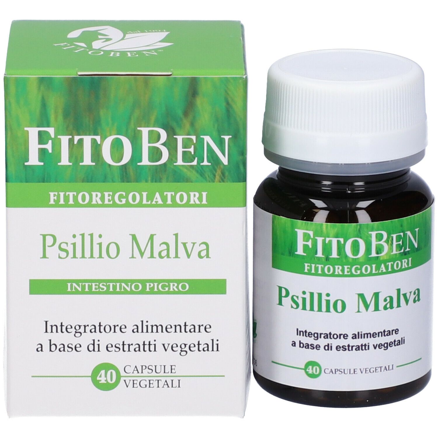 FitoBen Psillio Malva. Scatola e flacone con 40 capsule vegetali. Nome del prodotto e logo.