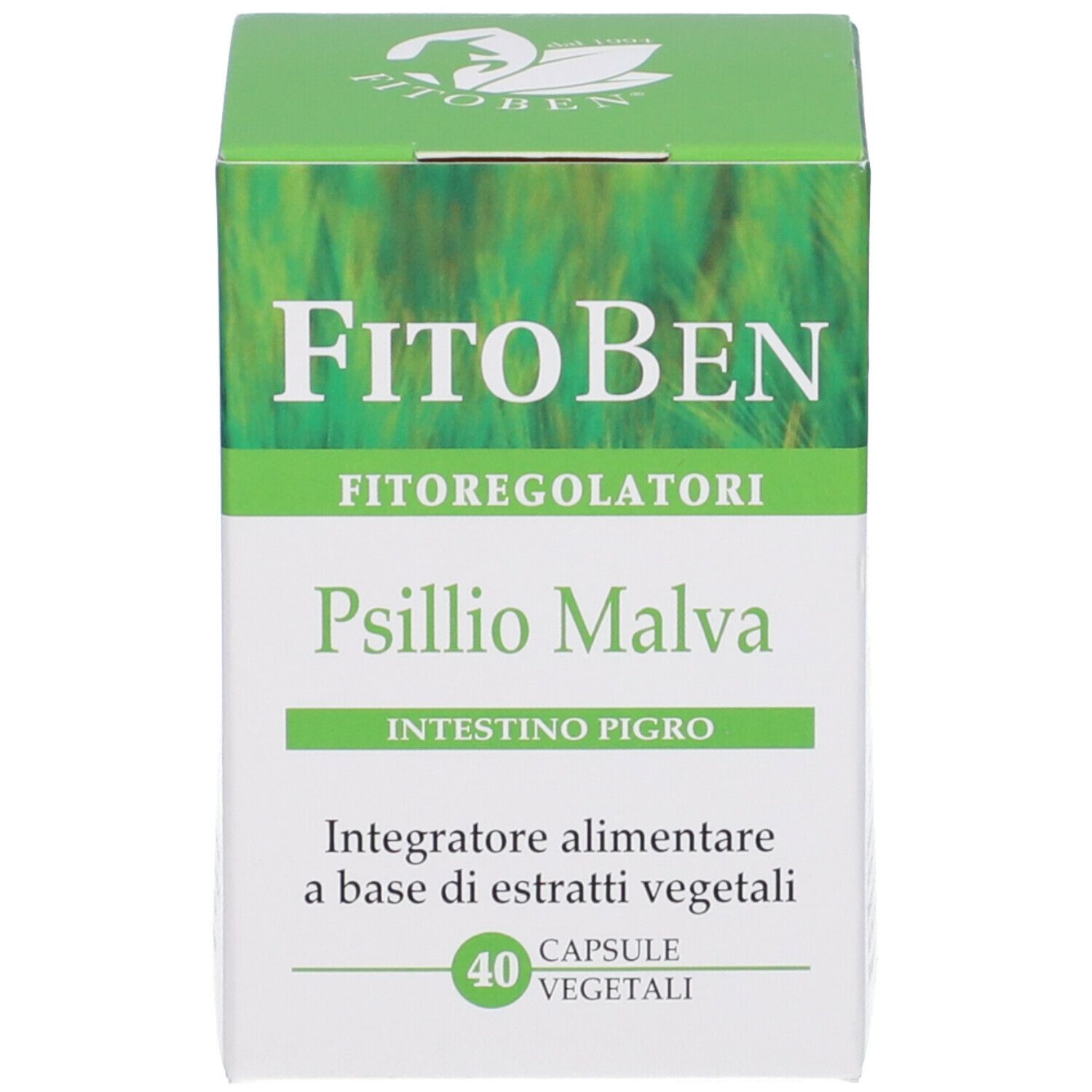 FitoBen Psillio Malva. Scatola con 40 capsule vegetali. Confezione verde e bianca con nome del prodotto e logo.