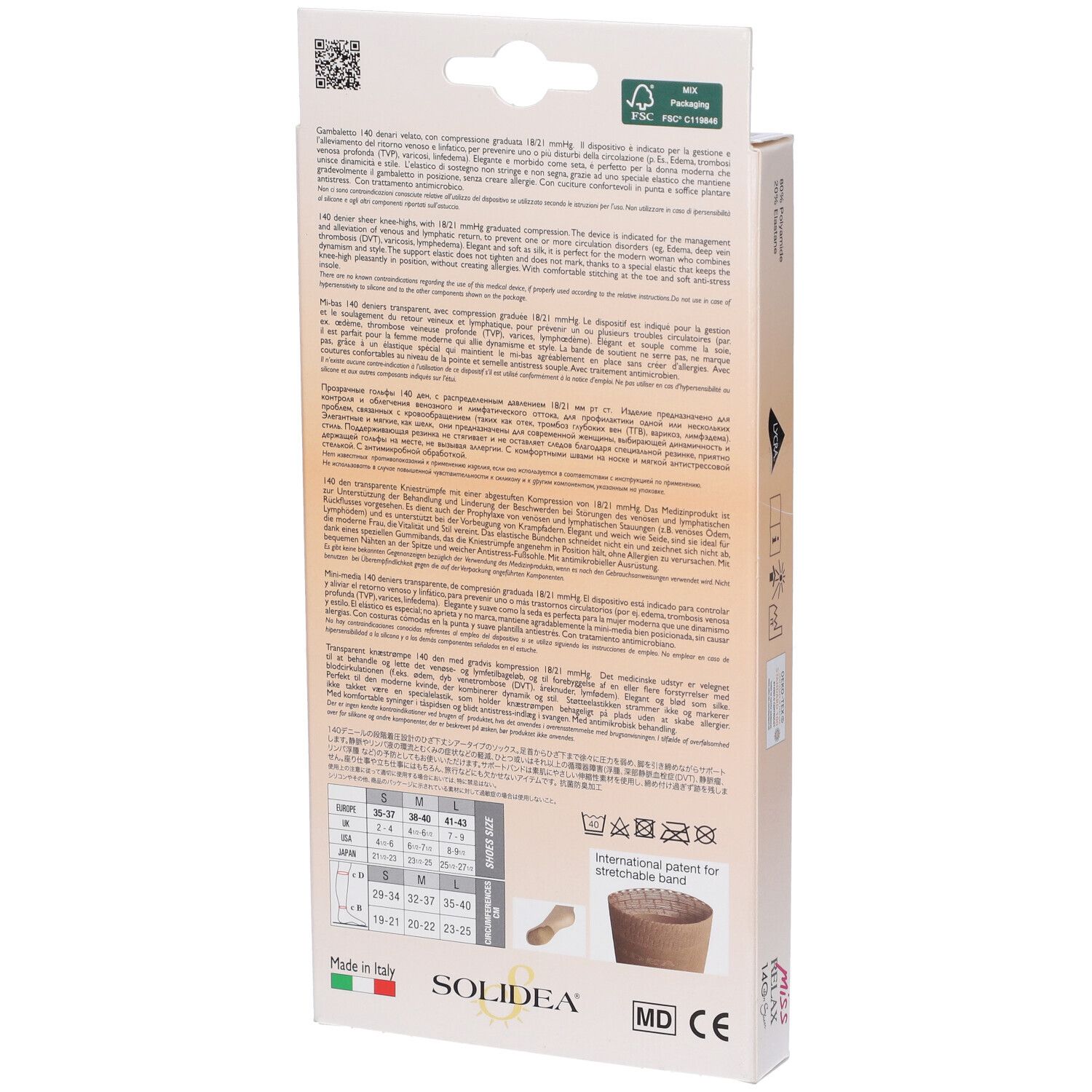 Retro della confezione. Testo multilingue, informazioni taglie. Marca SOLIDEA.