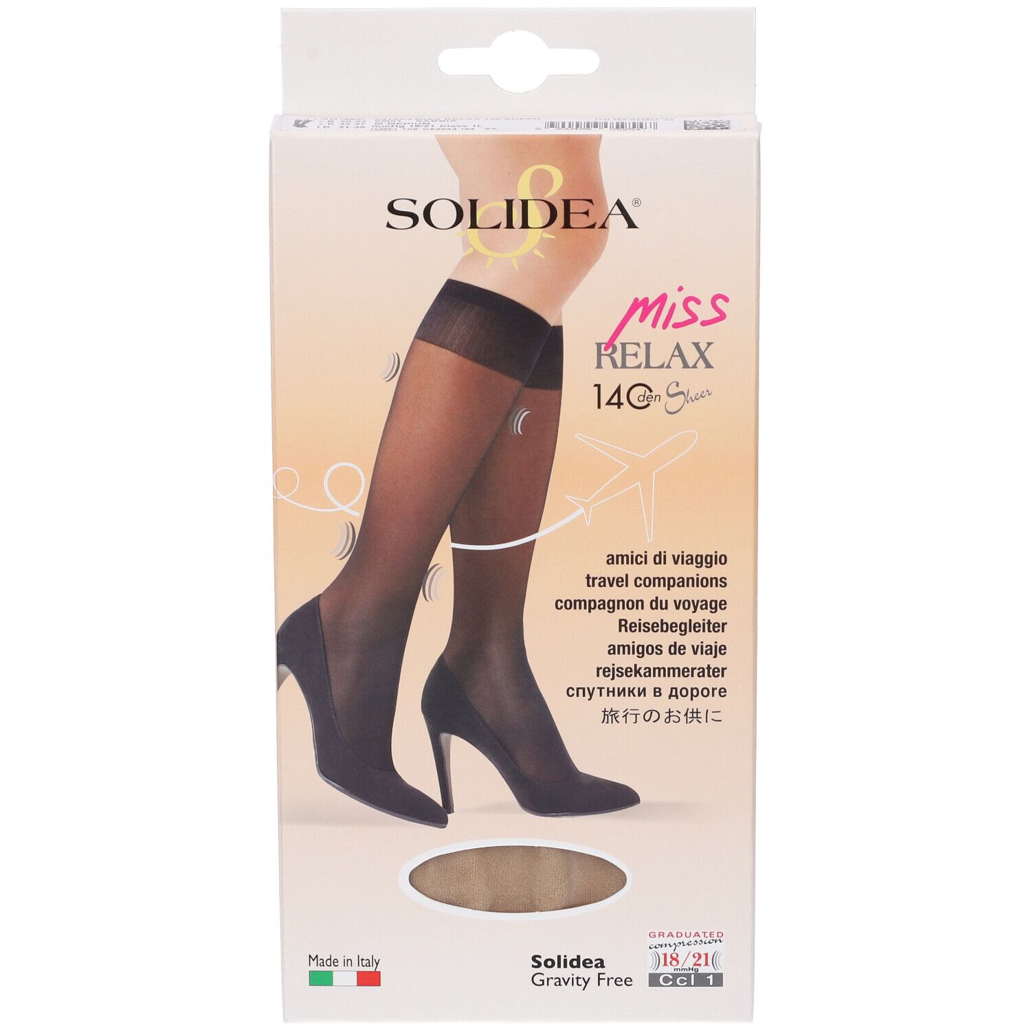 Confezione di gambaletti Miss Relax 140, colore Sabbia, marca SOLIDEA. Bandiera italiana.