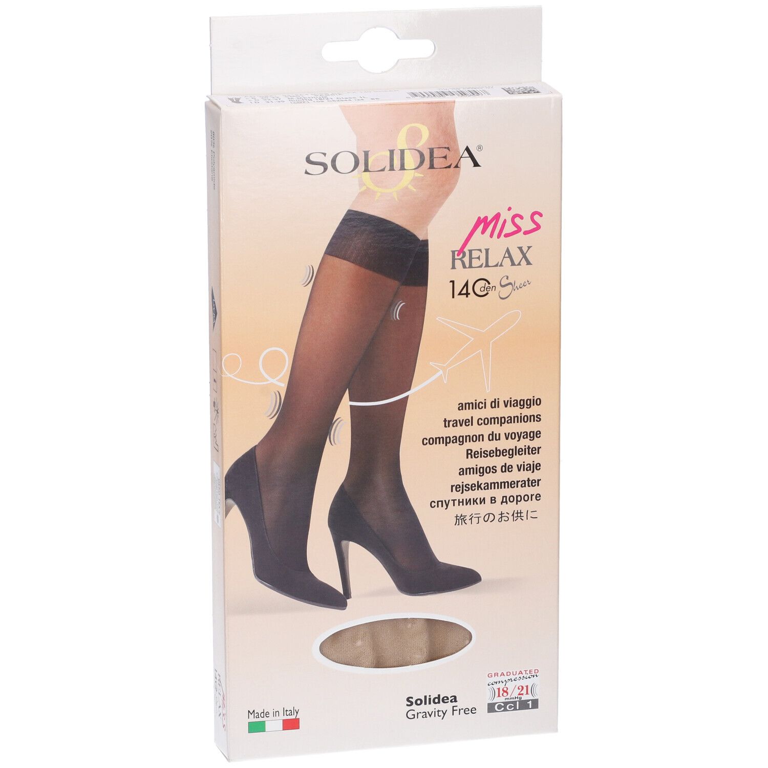Confezione di gambaletti Miss Relax 140, colore Sabbia, marca SOLIDEA. Bandiera italiana.