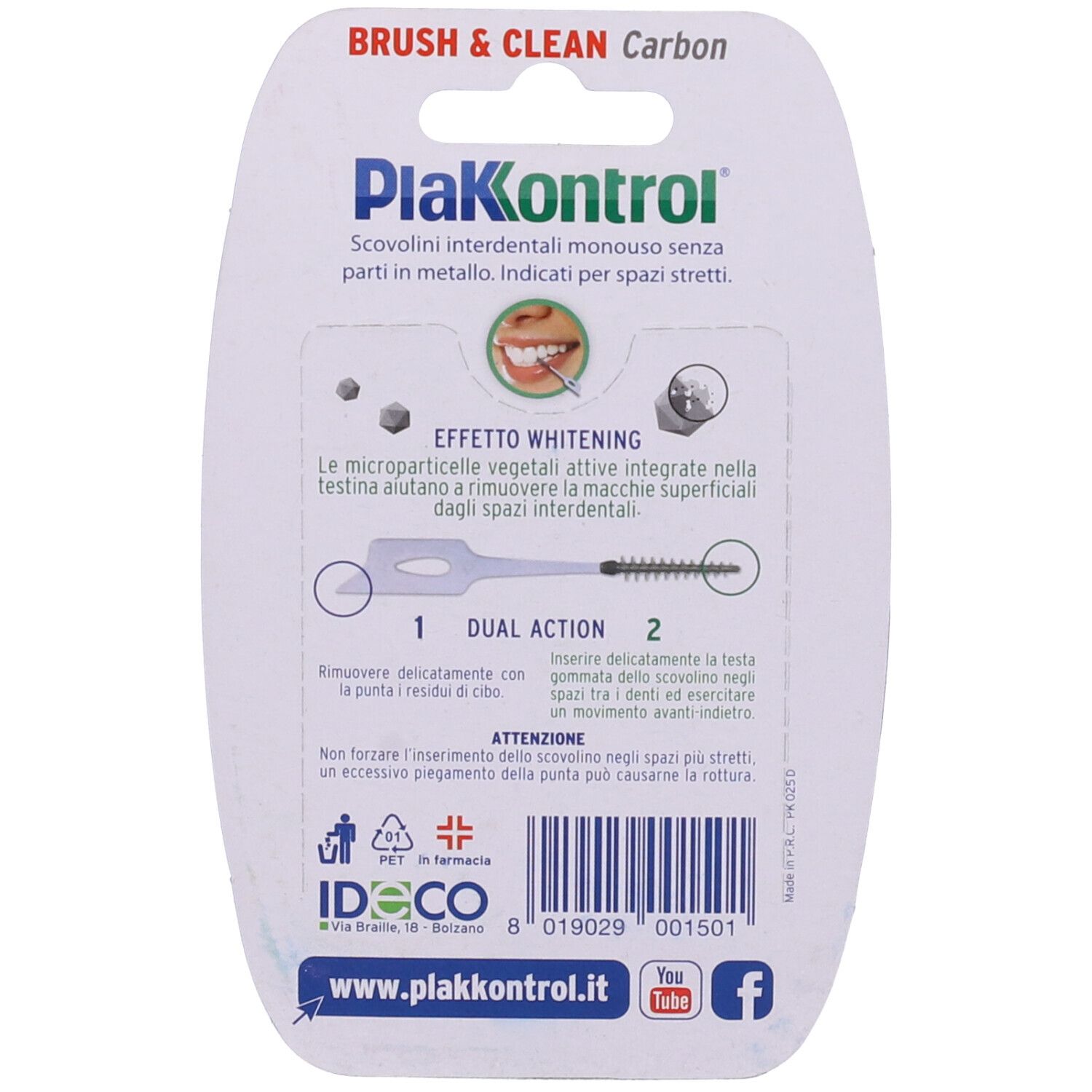 Retro confezione Plakkontrol Brush & Clean Carbon Scovolini. Informazioni e illustrazioni del prodotto.