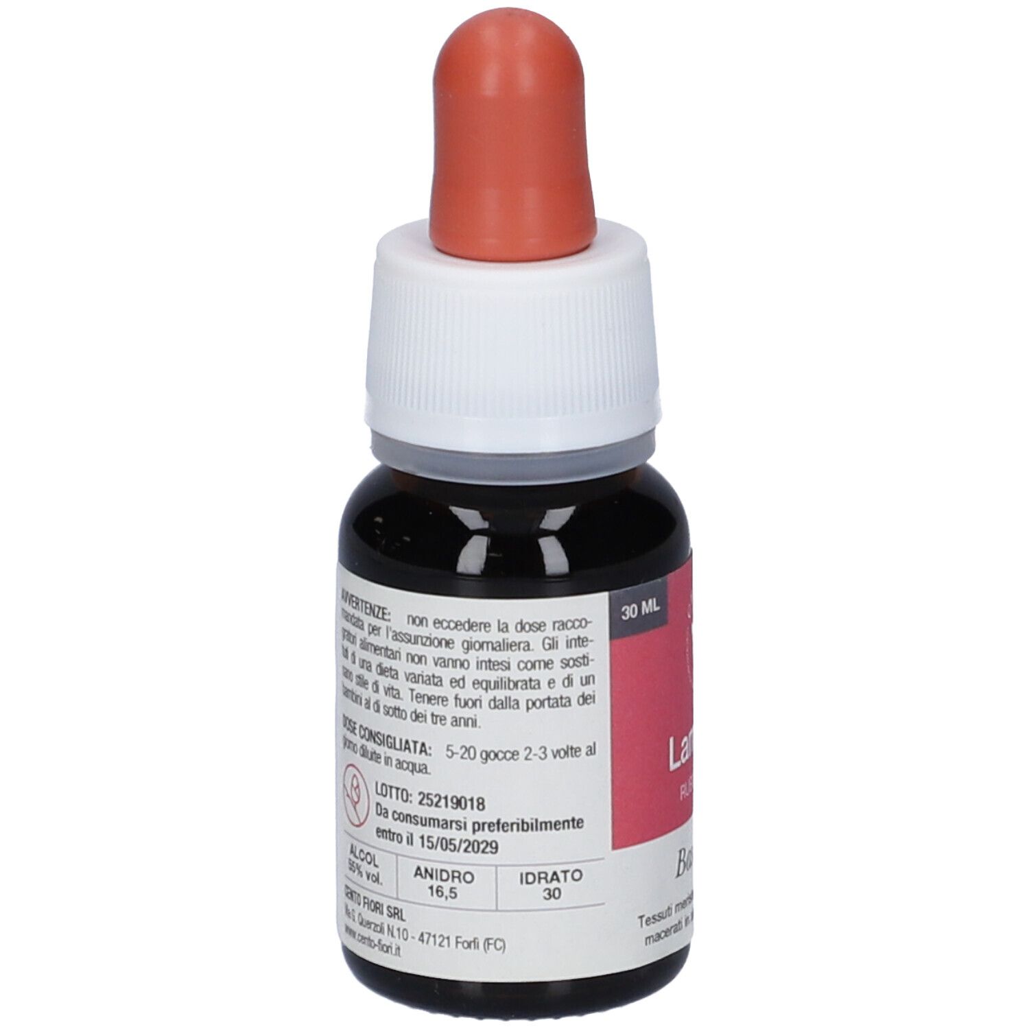 Flacone di vetro marrone con tappo rosso. Etichetta con testo, tra cui "Lampone", "Basegemmo" e data di scadenza.