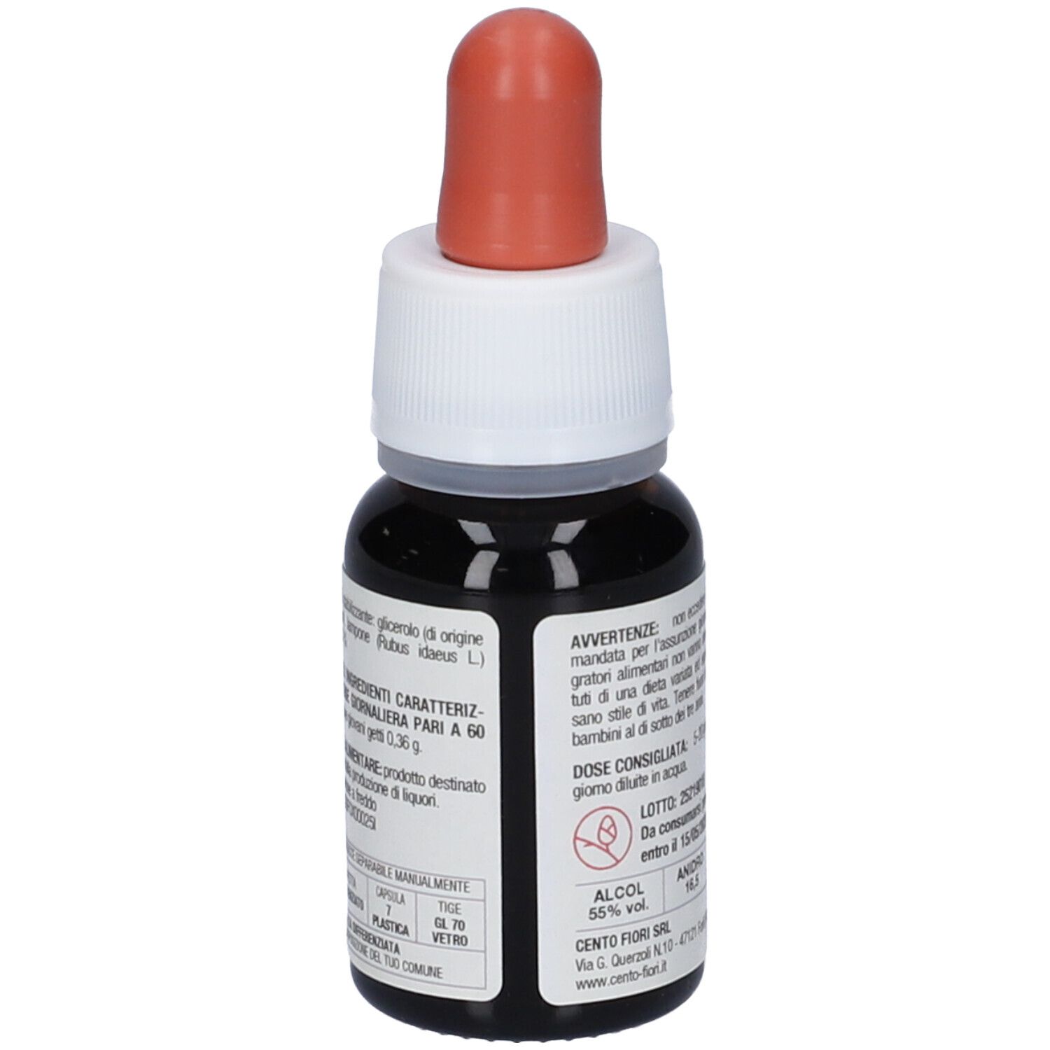 Flacone di vetro marrone con tappo rosso. Etichetta con testo, tra cui "Lampone", "Basegemmo" e informazioni sugli ingredienti.