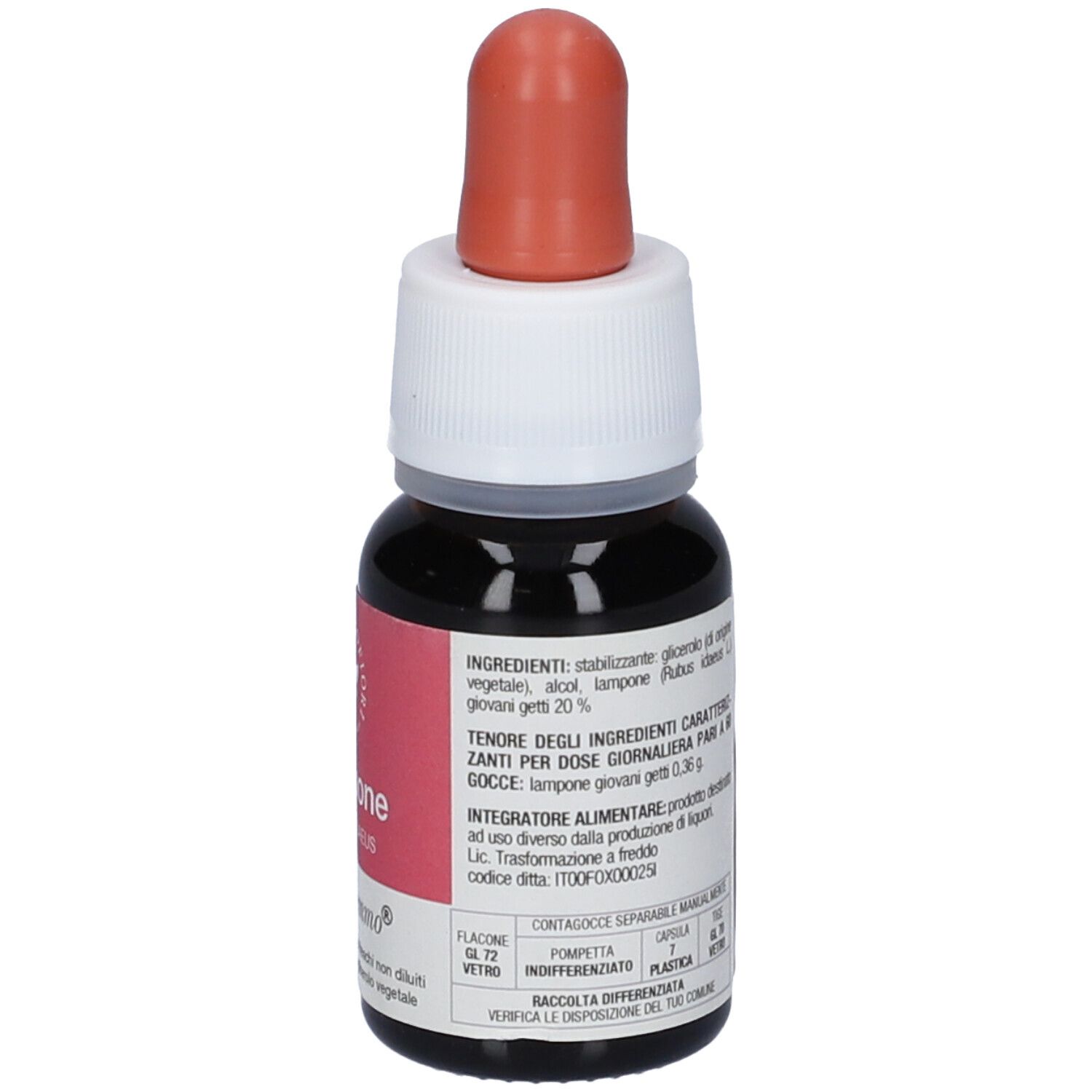 Flacone di vetro marrone con tappo rosso. Etichetta con testo, tra cui "Lampone", "Basegemmo" e informazioni sugli ingredienti.