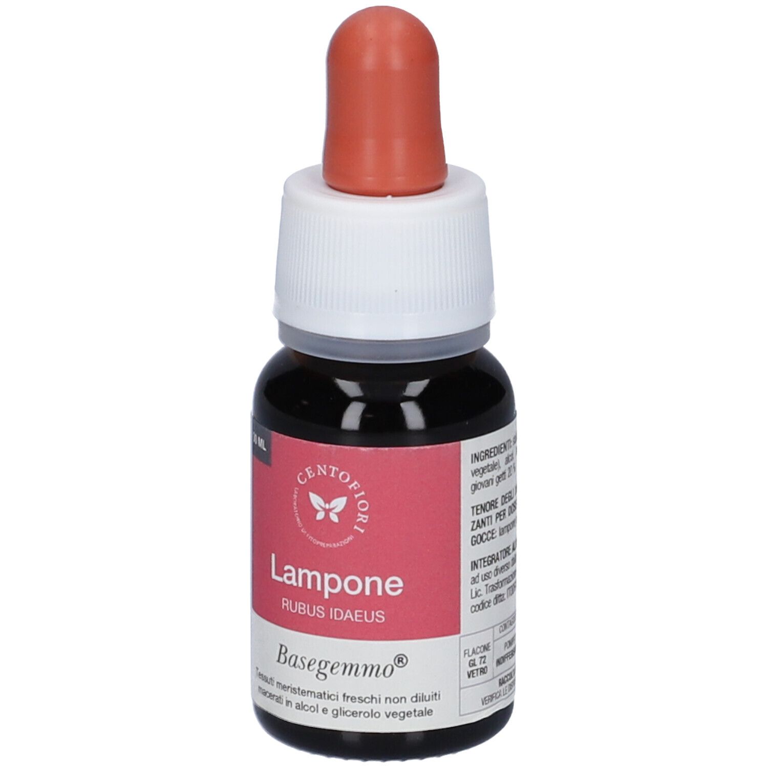 Flacone di vetro marrone con tappo rosso ed etichetta. L'etichetta riporta "Lampone" e "Basegemmo".