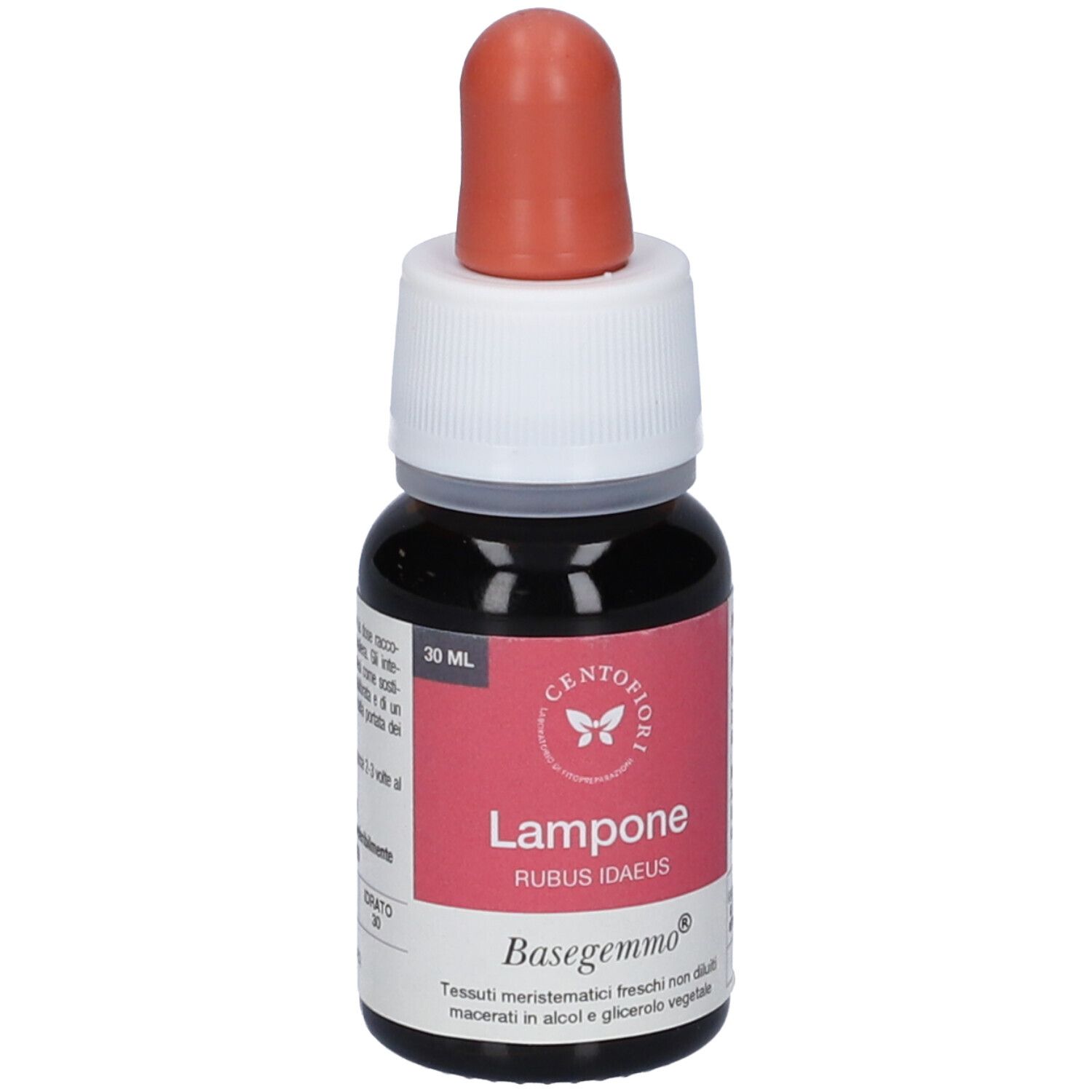 Flacone di vetro marrone con tappo rosso ed etichetta. L'etichetta riporta "Lampone" e "Basegemmo".