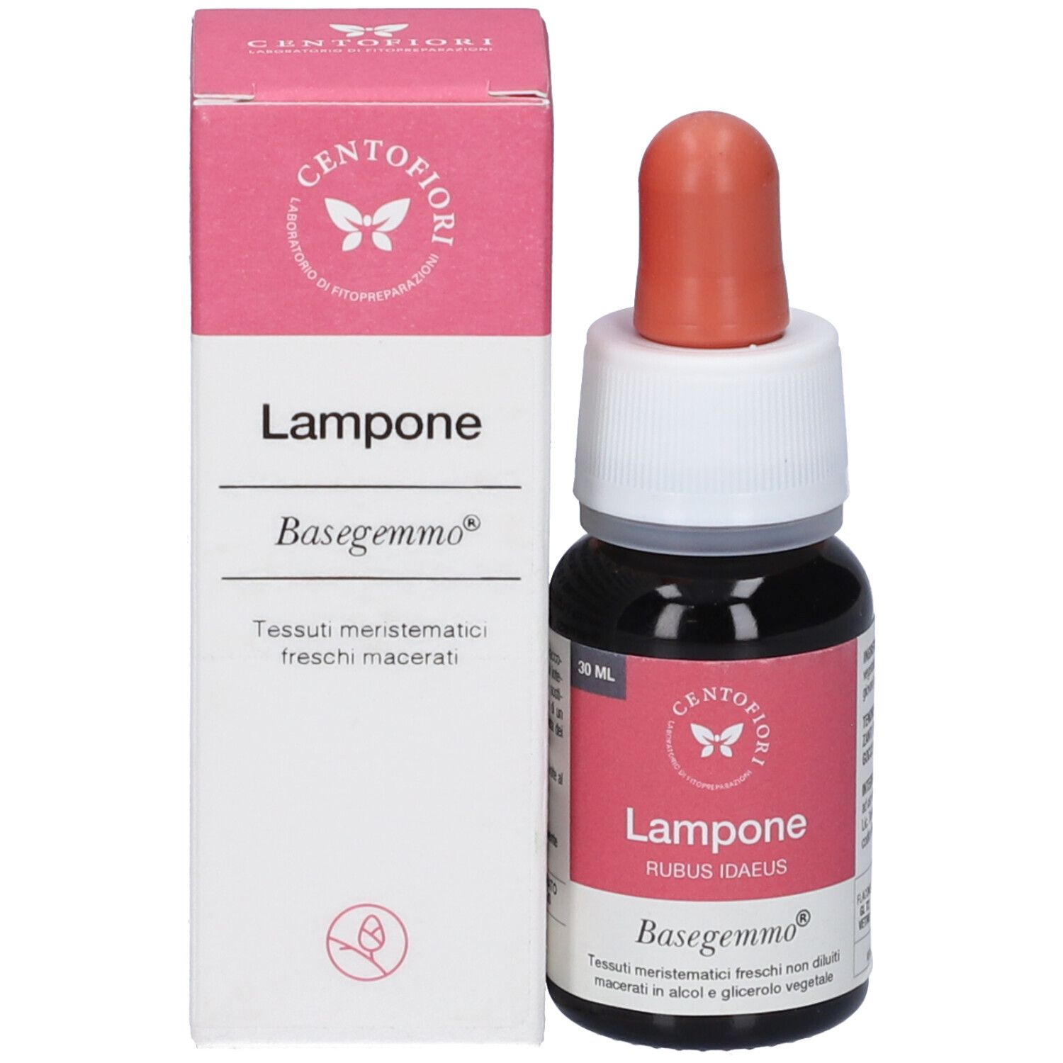 Flacone e confezione. Flacone con tappo rosso, confezione con testo "Lampone" e "Basegemmo".