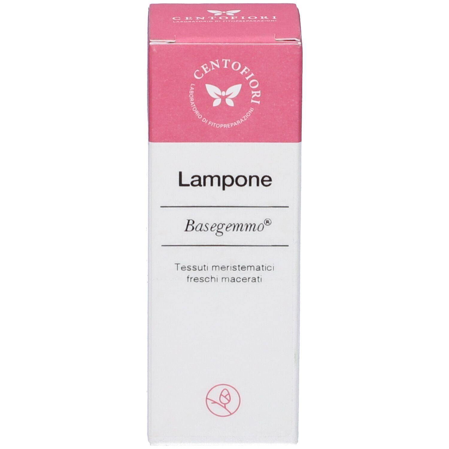Confezione del prodotto rosa e bianca. Sulla confezione è scritto "Lampone" e "Basegemmo".