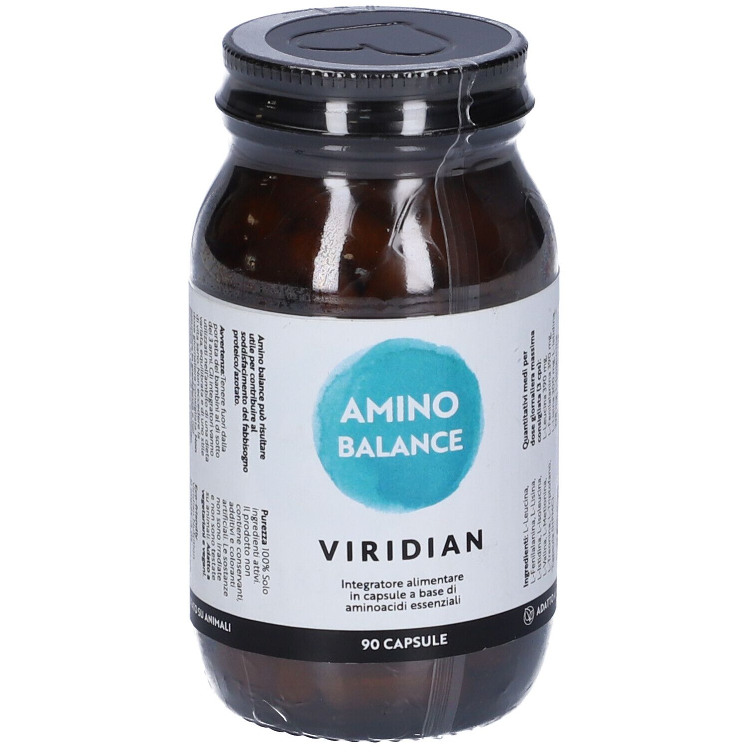 Flacone di vetro marrone con etichetta bianca. "Amino Balance" e "Viridian" sono visibili. Contiene 90 capsule.