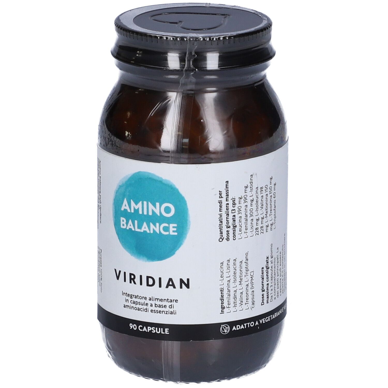 Flacone di vetro marrone con etichetta bianca. "Amino Balance" e "Viridian" sono visibili. 90 capsule. Elenco ingredienti.