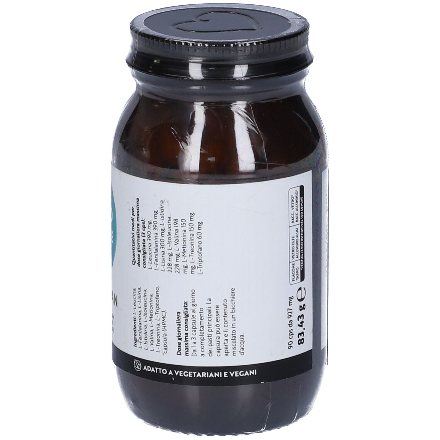 Flacone di vetro marrone con etichetta bianca. Elenco ingredienti e dosaggio. "Adatto a vegetariani e vegani". Peso 83,43 g.