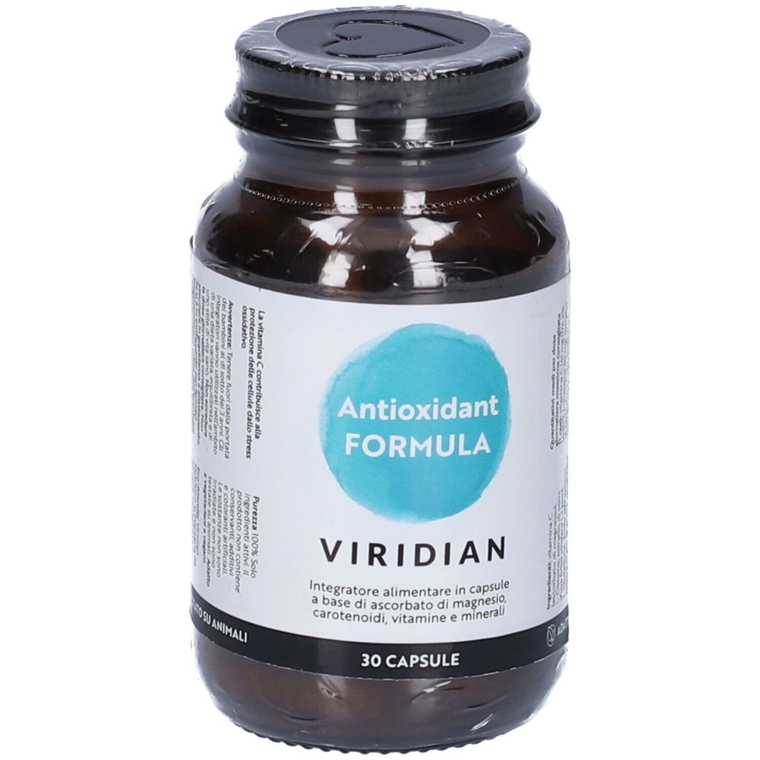 Flacone di vetro marrone con capsule. Etichetta con macchia blu, testo: Antioxidant Formula, Viridian, 30 capsule. Tappo con logo.