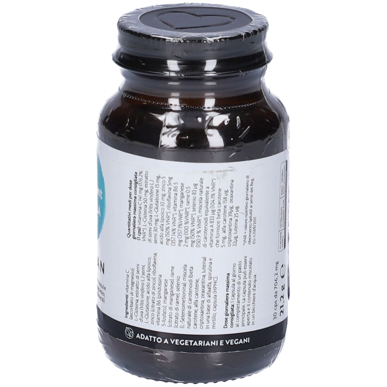 Vista posteriore del flacone di vetro marrone con capsule. Etichetta con elenco ingredienti. Scritta: Adatto a vegetariani e vegani.