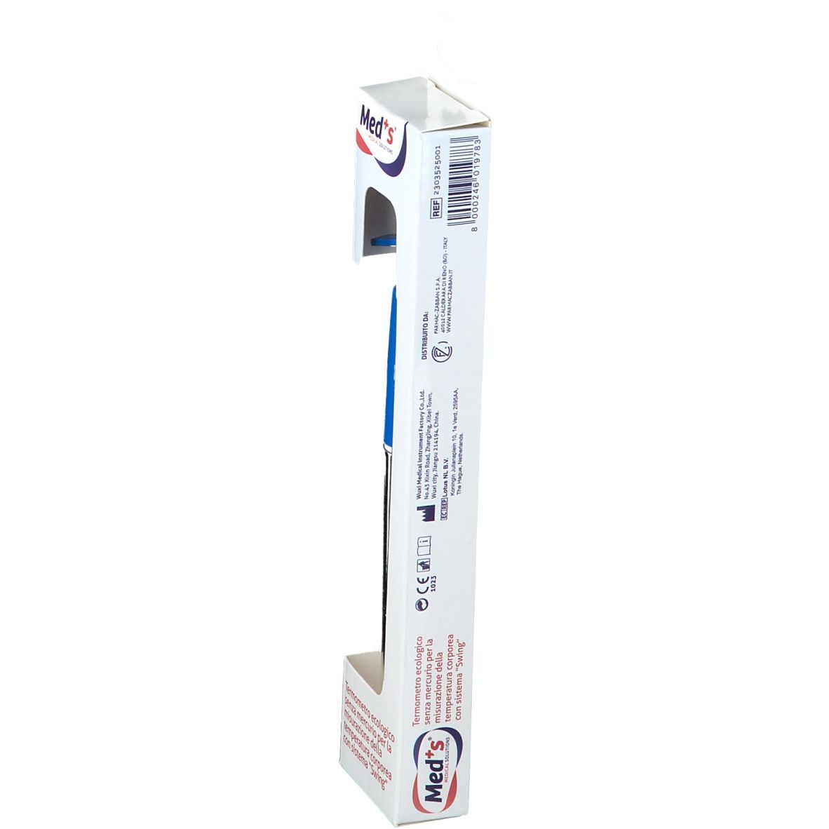 Confezione del termometro. Bianca con nome del prodotto e testo. Retro con informazioni e codice a barre.