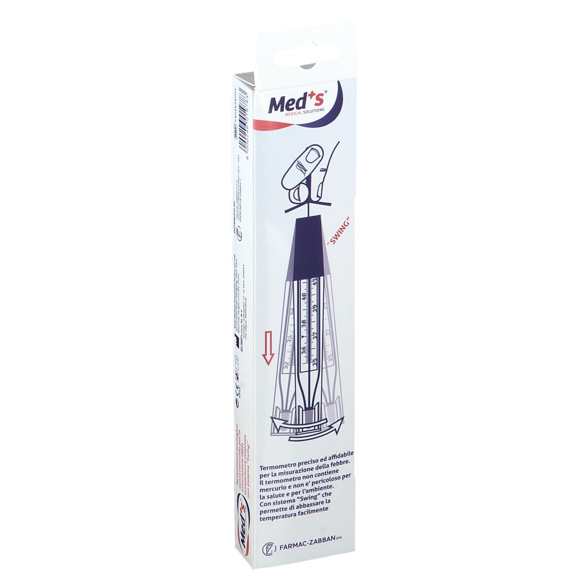 Confezione con illustrazione del termometro. Nome del prodotto e testo. Illustrazione del termometro con sistema Swing.
