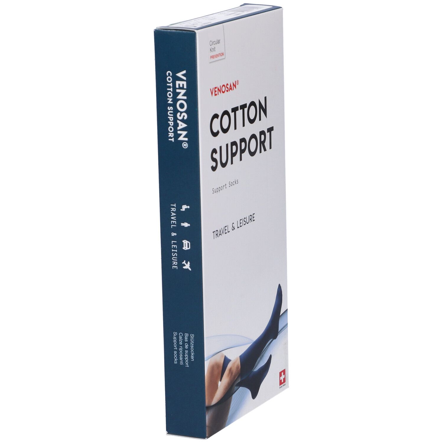 Scatola Venosan Cotton Support. Calze di supporto blu raffigurate. Scritta: Cotton Support, Travel & Leisure. Croce svizzera.