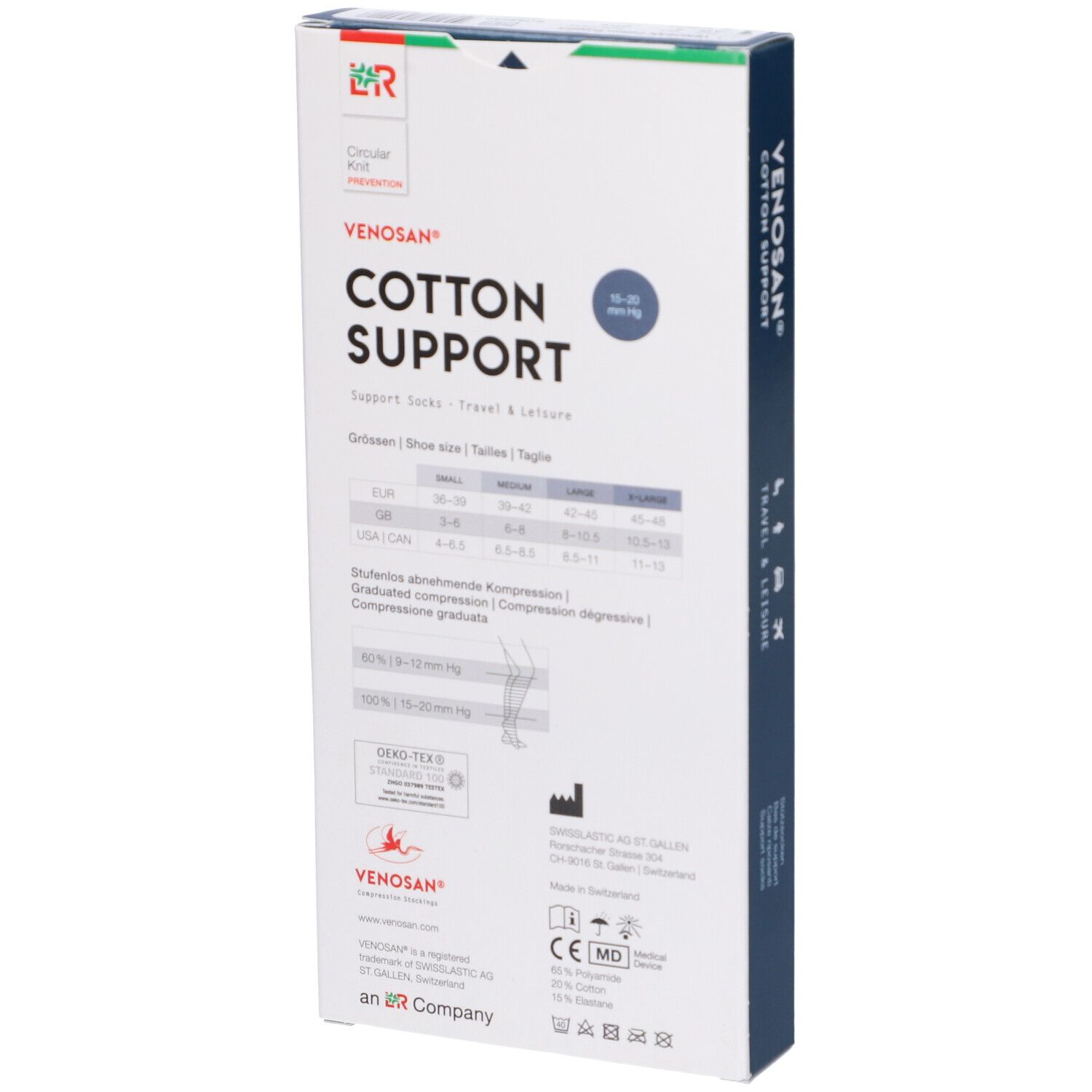 Scatola Venosan Cotton Support. Retro con indicazioni taglie e valori di compressione. Scritta: Cotton Support. Croce svizzera.