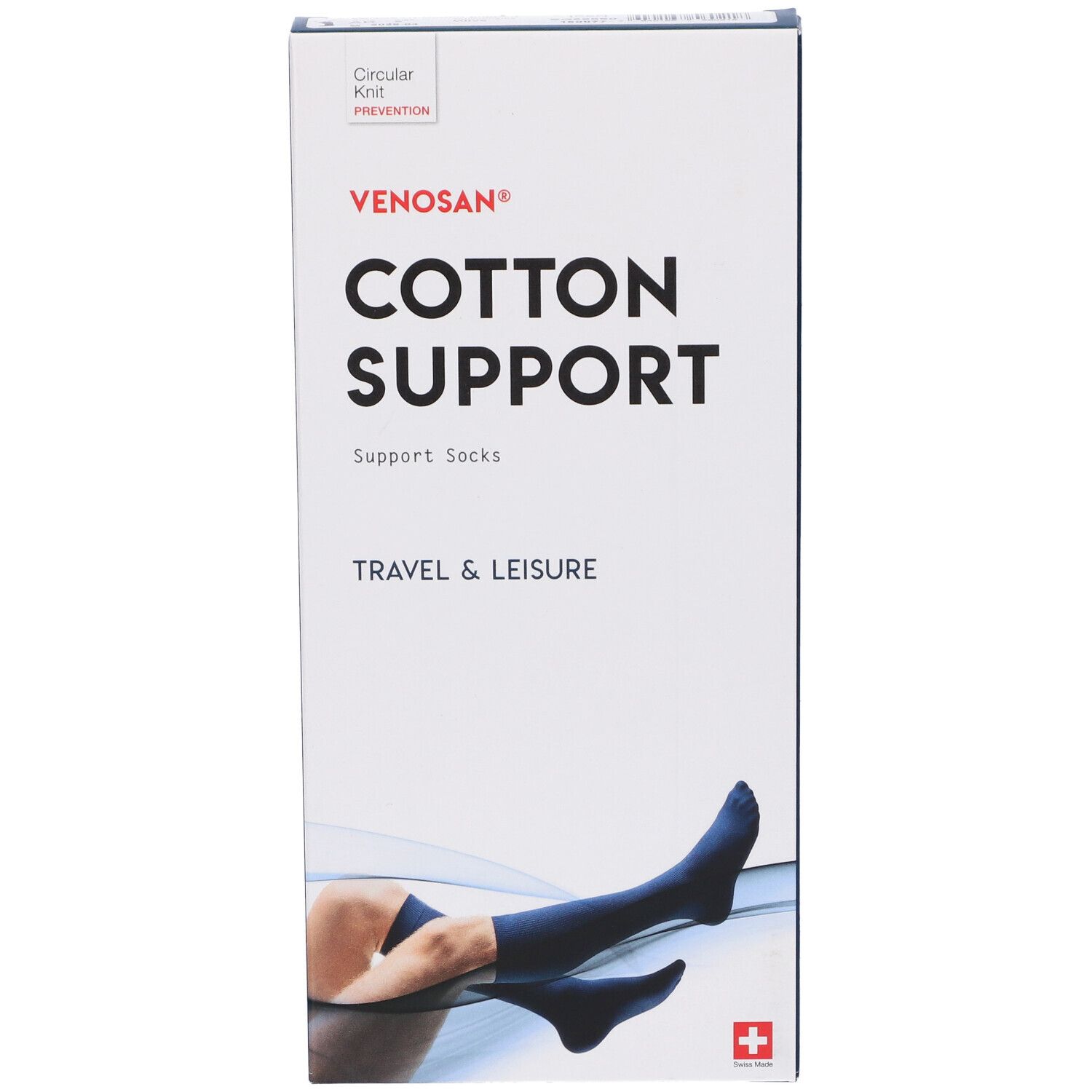 Scatola Venosan Cotton Support. Calze di supporto blu raffigurate. Scritta: Cotton Support, Travel & Leisure. Croce svizzera.