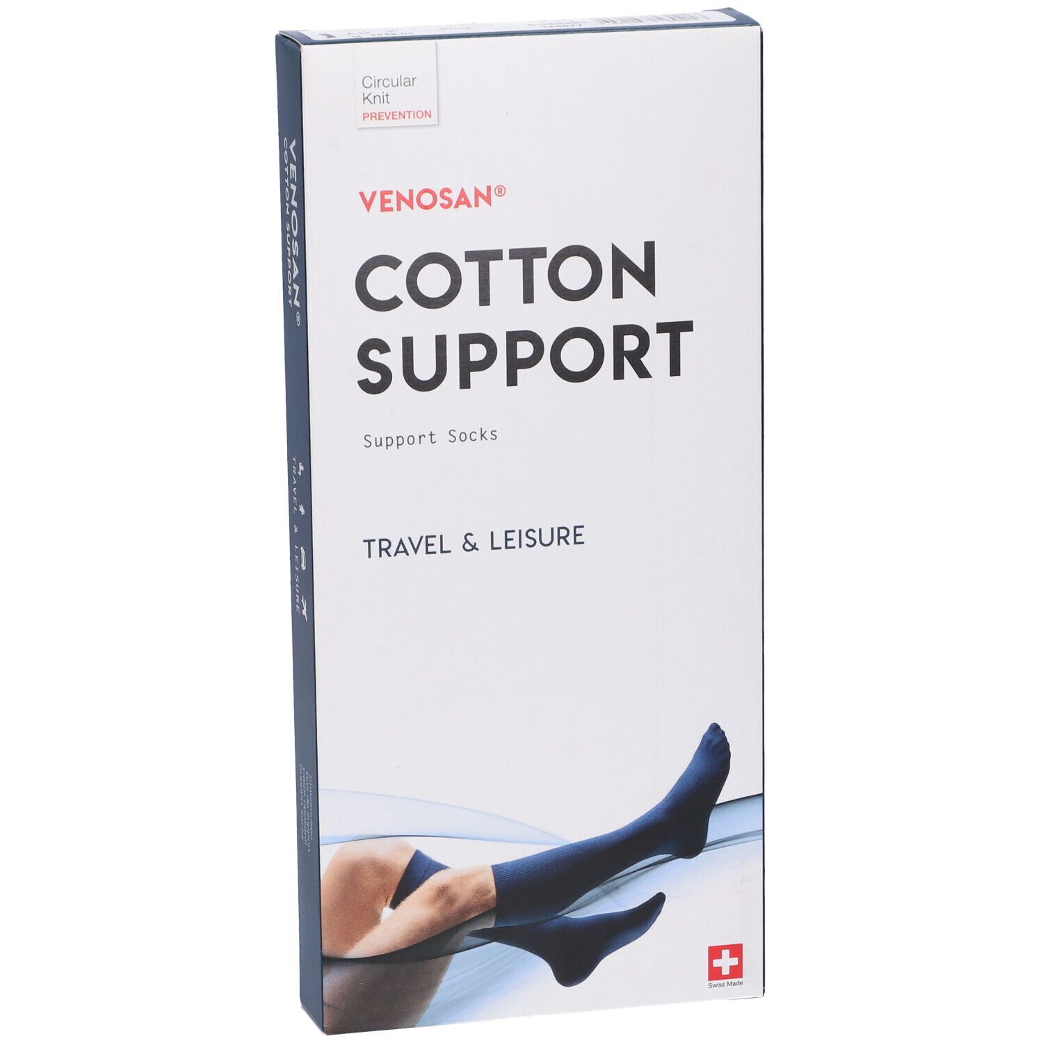Scatola Venosan Cotton Support. Calze di supporto blu raffigurate. Scritta: Cotton Support, Travel & Leisure. Croce svizzera.