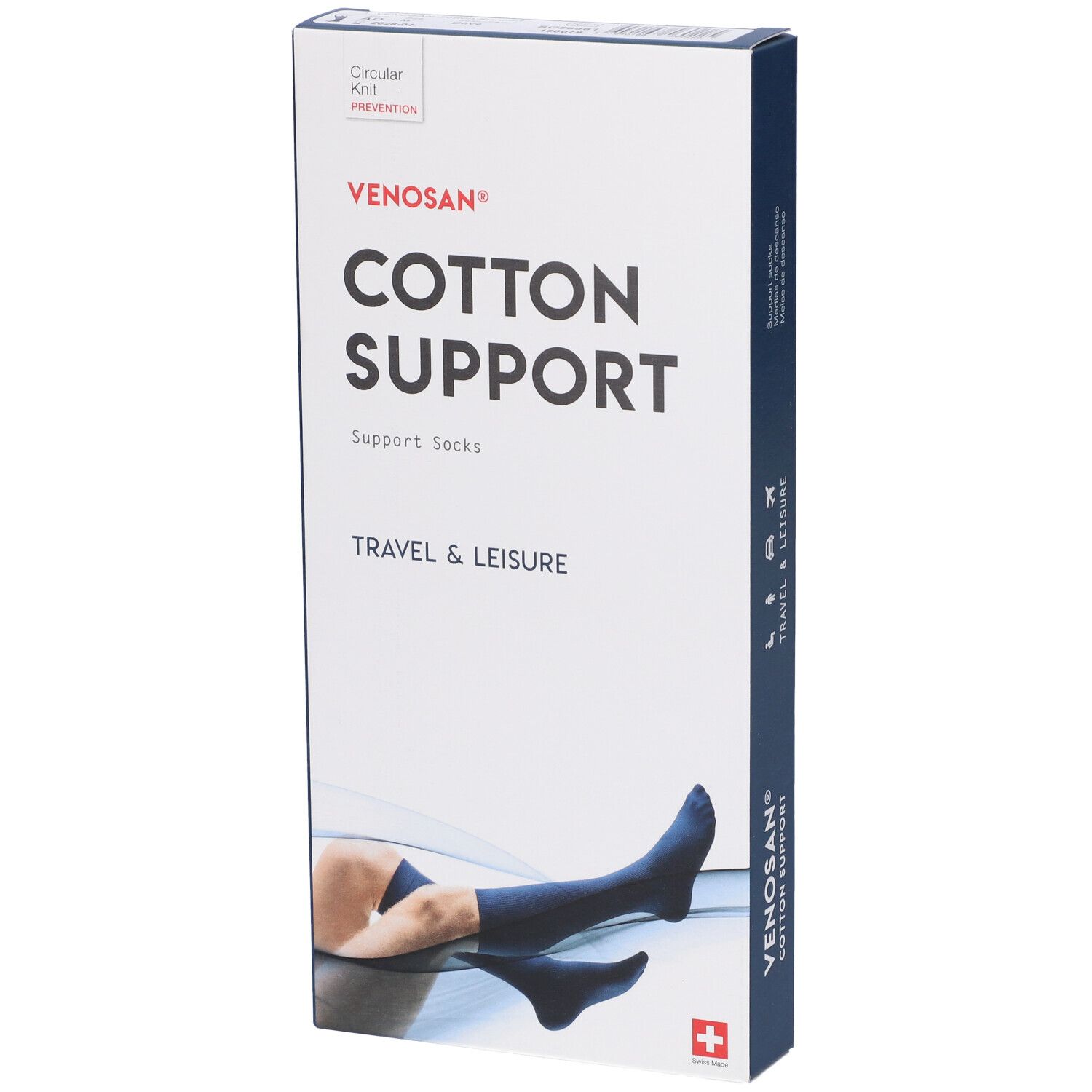 Scatola Venosan Cotton Support. Contiene calze di supporto. Calze blu raffigurate sulla confezione. Croce svizzera.