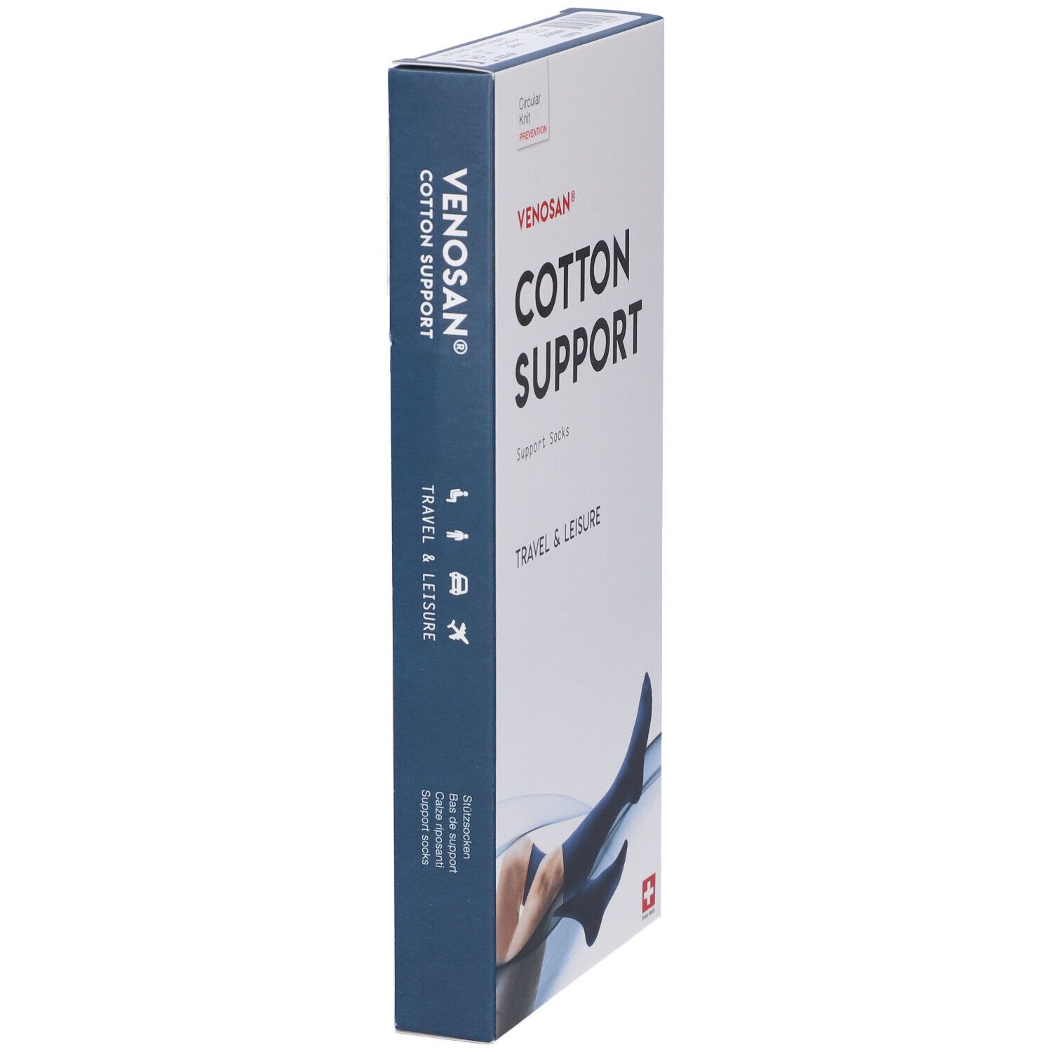 Scatola Venosan Cotton Support. Contiene calze di supporto. Calze blu raffigurate sulla confezione. Croce svizzera.