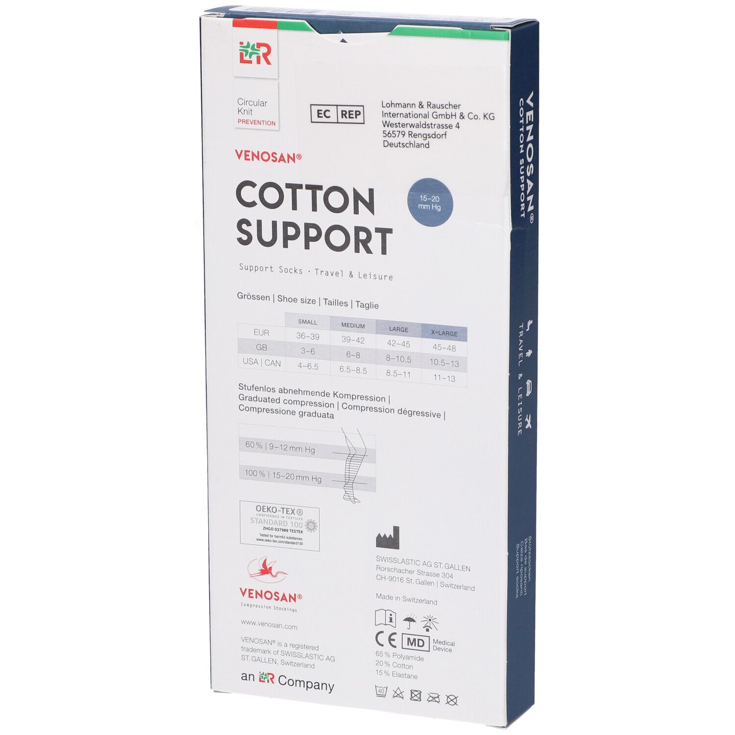 Scatola Venosan Cotton Support. Contiene calze di supporto. Informazioni sul prodotto sulla confezione. Croce svizzera e marchi di qualità.