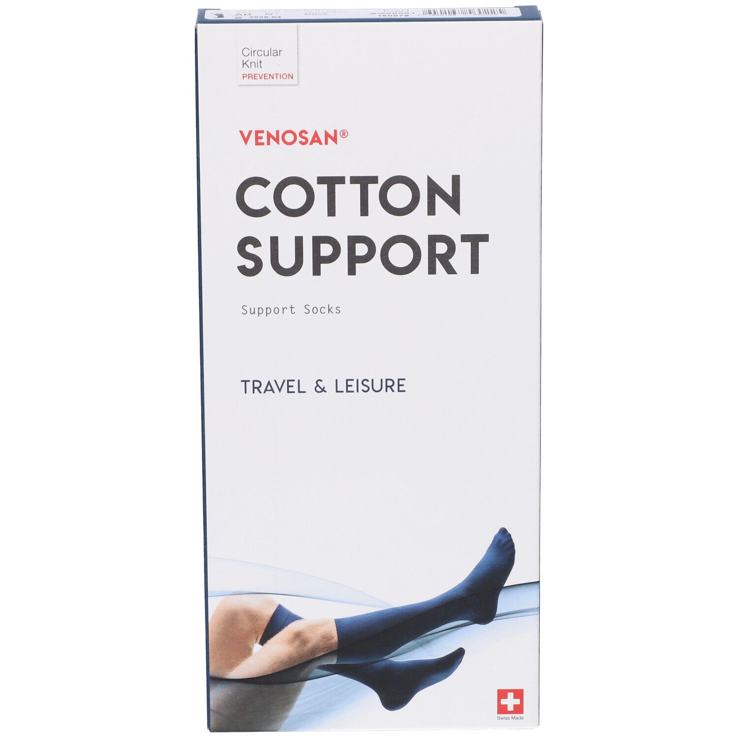 Scatola Venosan Cotton Support. Contiene calze di supporto. Calze blu raffigurate sulla confezione. Croce svizzera.