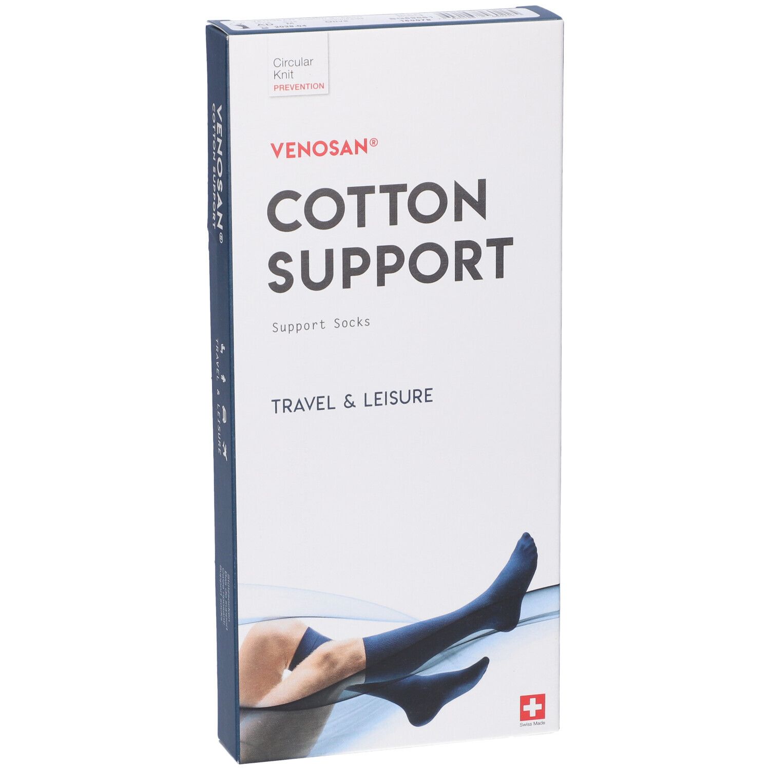 Scatola Venosan Cotton Support. Contiene calze di supporto. Calze blu raffigurate sulla confezione. Croce svizzera.