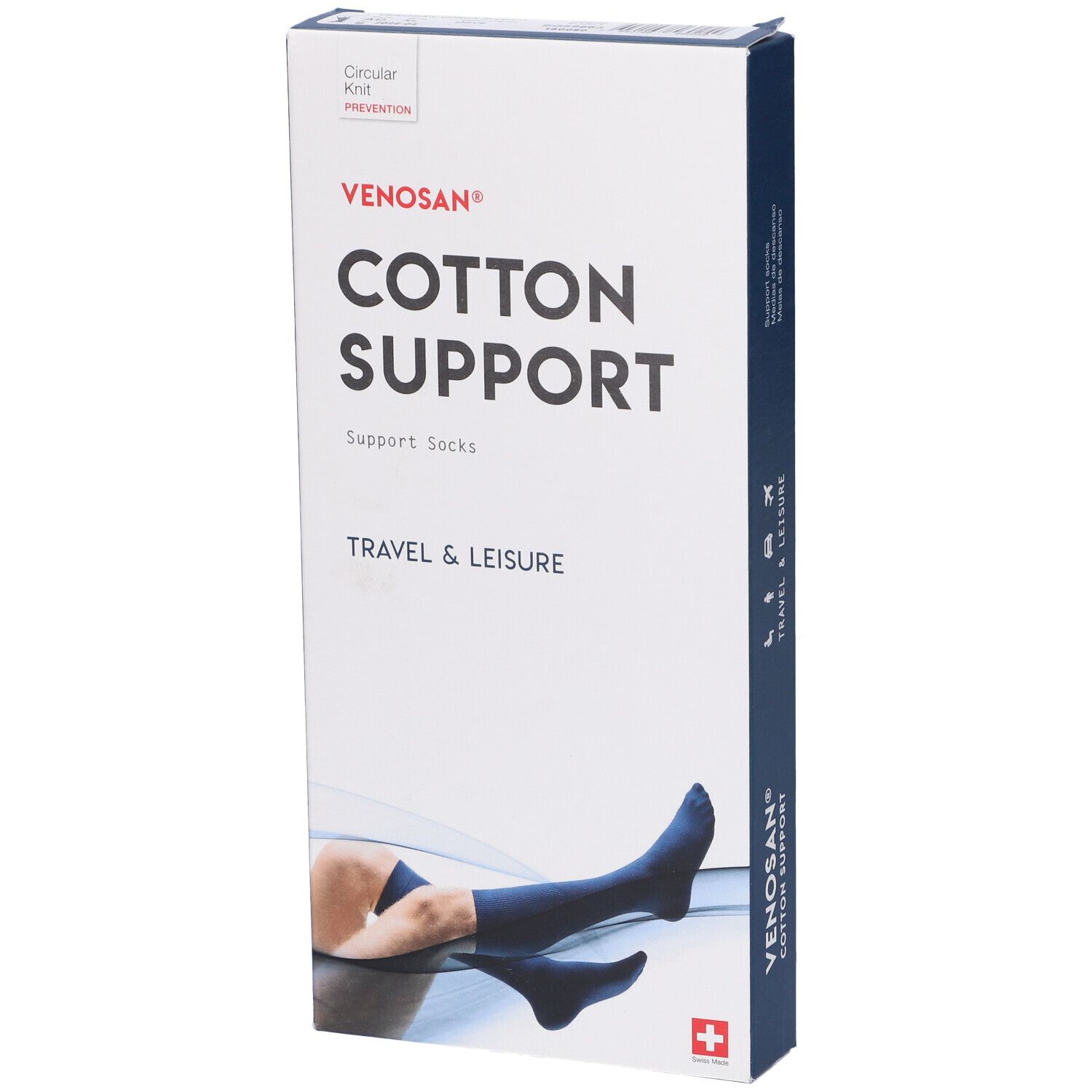 Confezione Venosan Cotton Support. Calze di supporto blu raffigurate. Croce svizzera.