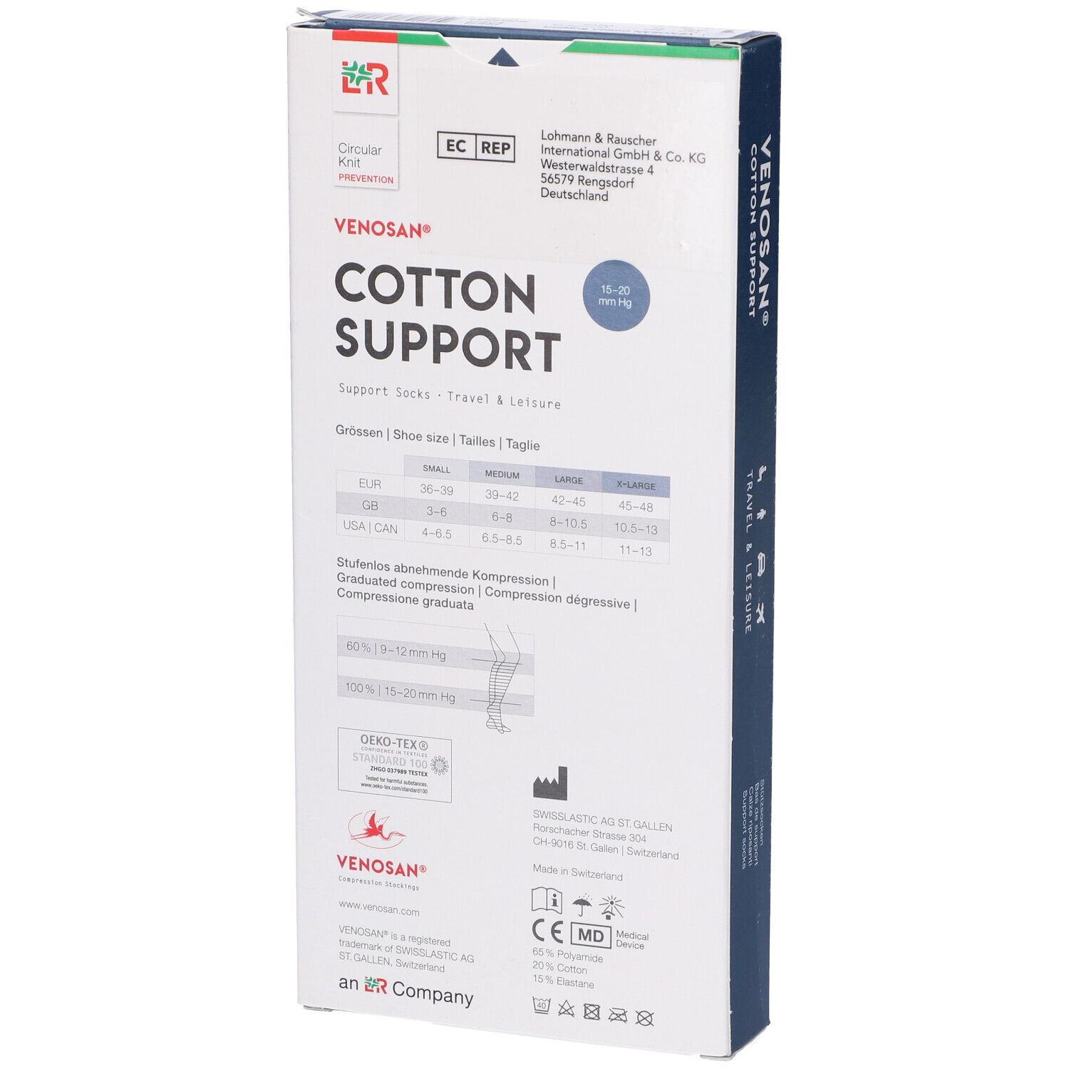 Retro della confezione Venosan Cotton Support. Informazioni sulle taglie, certificazioni, croce svizzera.