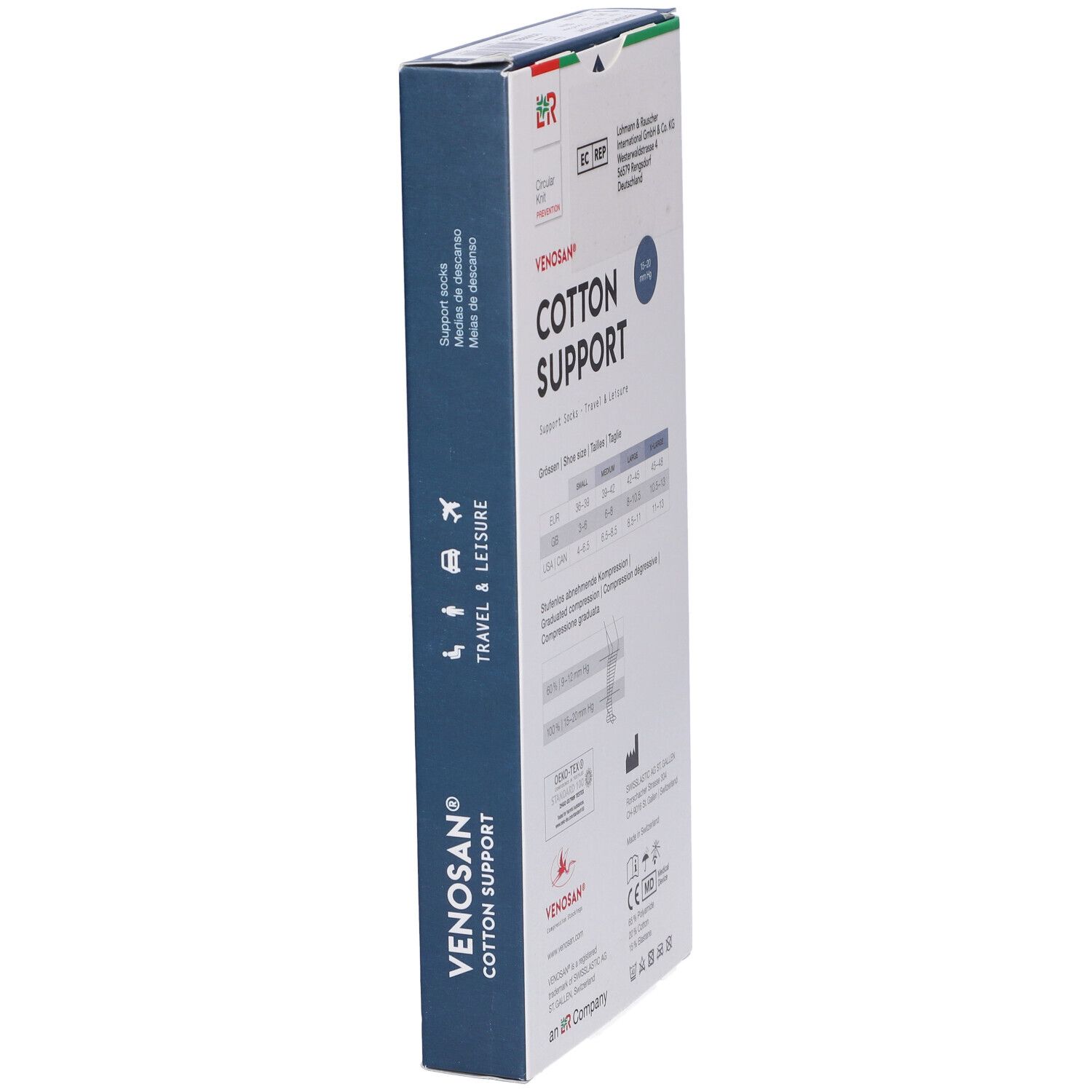 Confezione Venosan Cotton Support, vista laterale. Informazioni sulle taglie, croce svizzera.