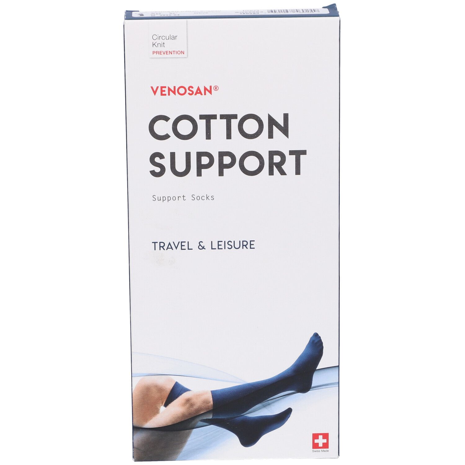Confezione Venosan Cotton Support. Calze di supporto blu raffigurate. Croce svizzera.