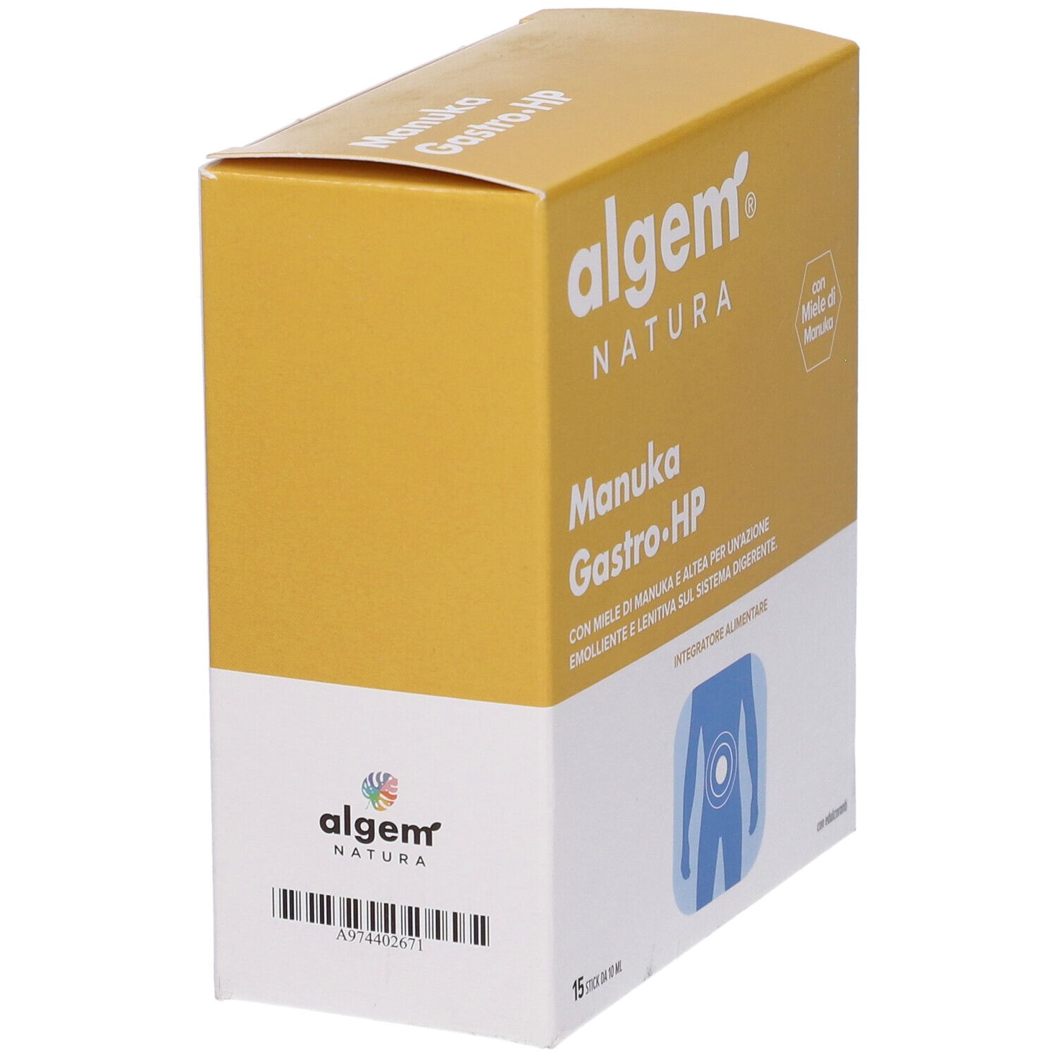 Scatola gialla con nome e logo del prodotto. Contiene 15 stick. Vista angolata.