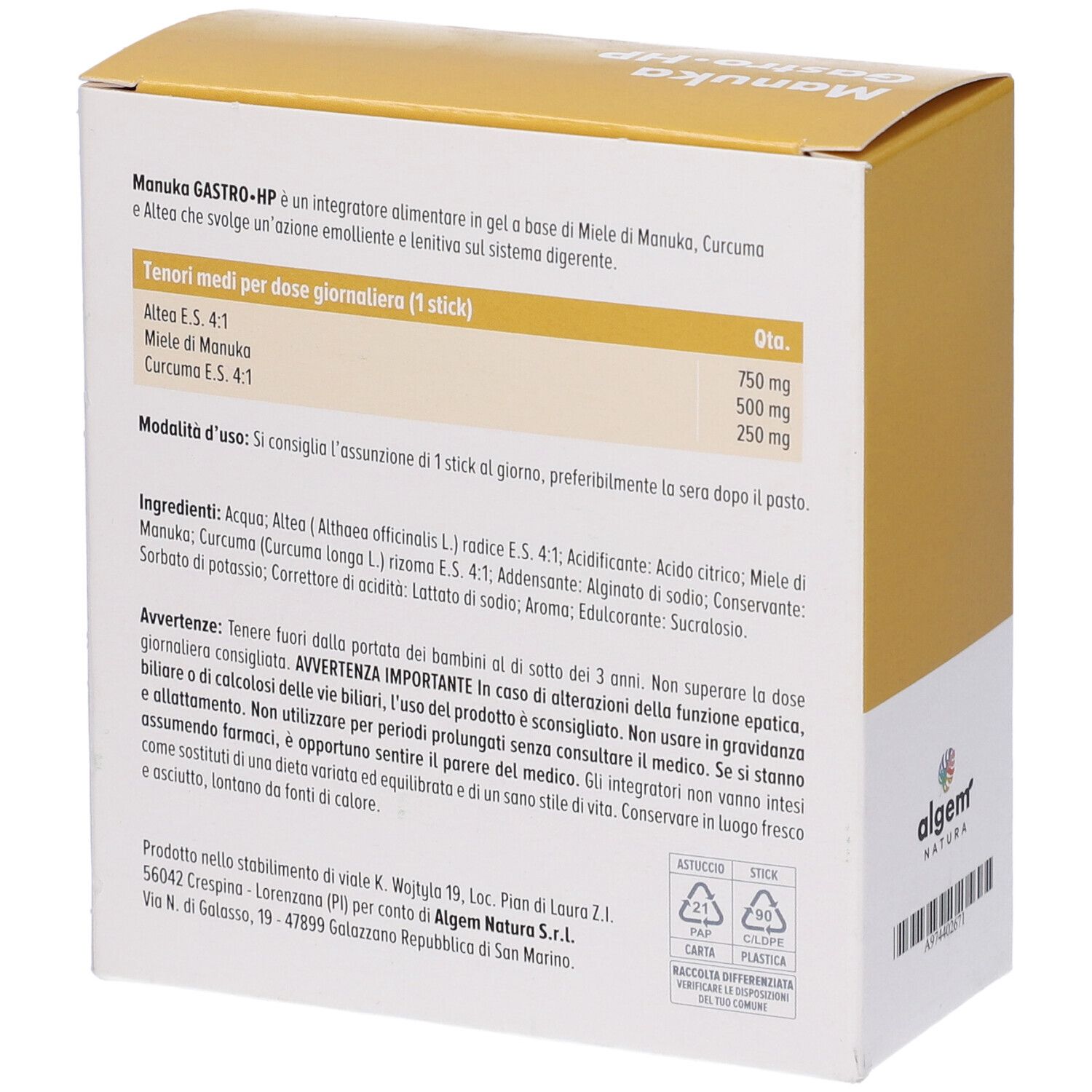 Retro della scatola con informazioni e ingredienti del prodotto. Testo in italiano.