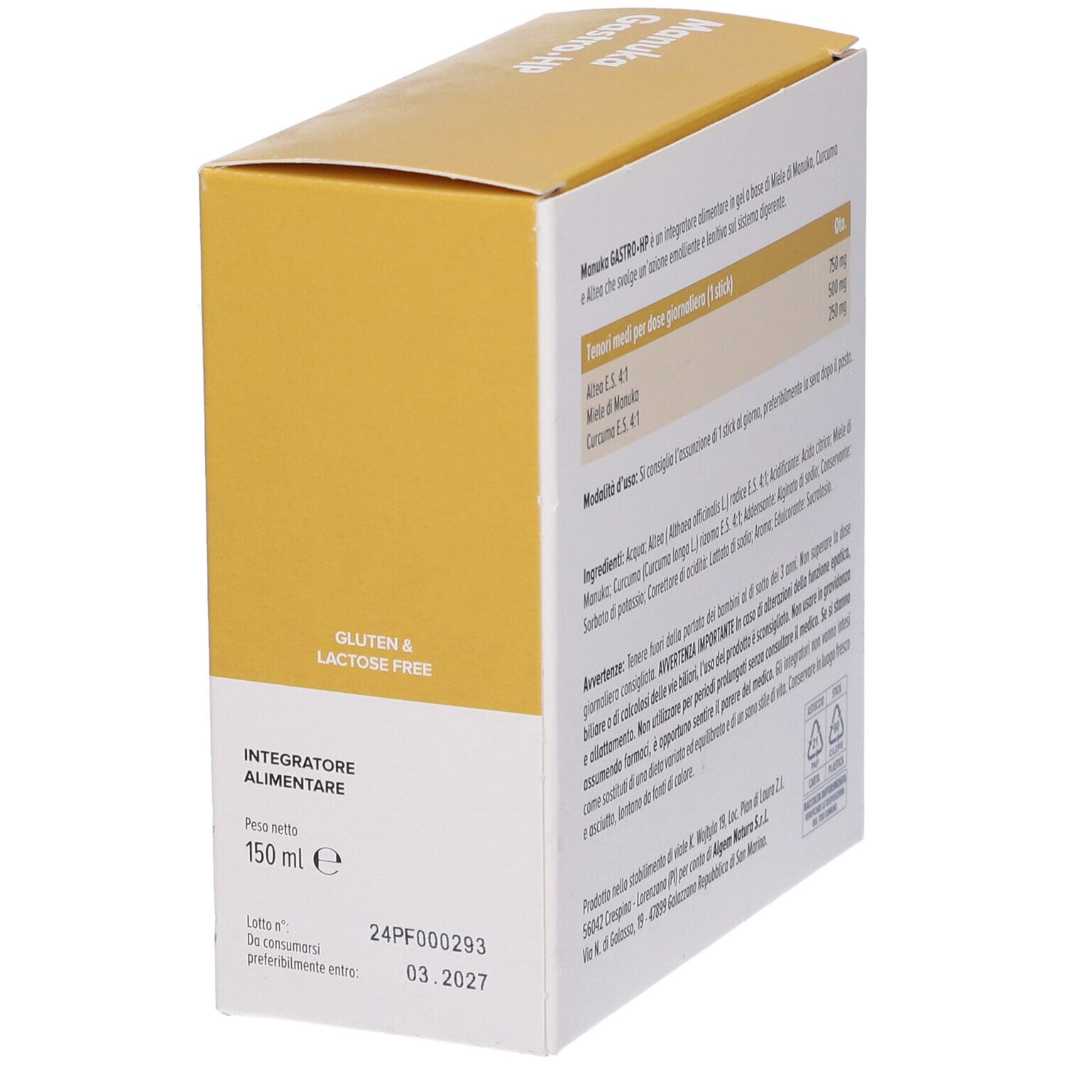 Retro della scatola con informazioni sul prodotto. Senza glutine e lattosio. 150 ml.