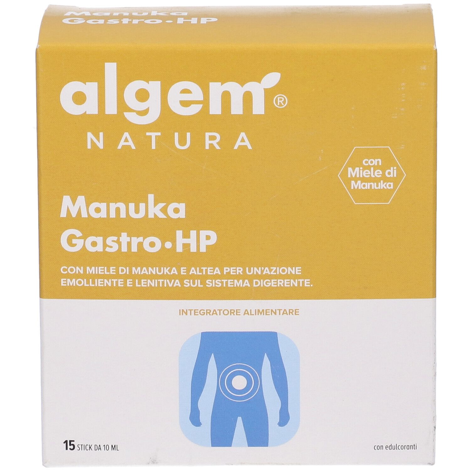 Scatola gialla con nome e logo del prodotto. Contiene 15 stick. Con miele.