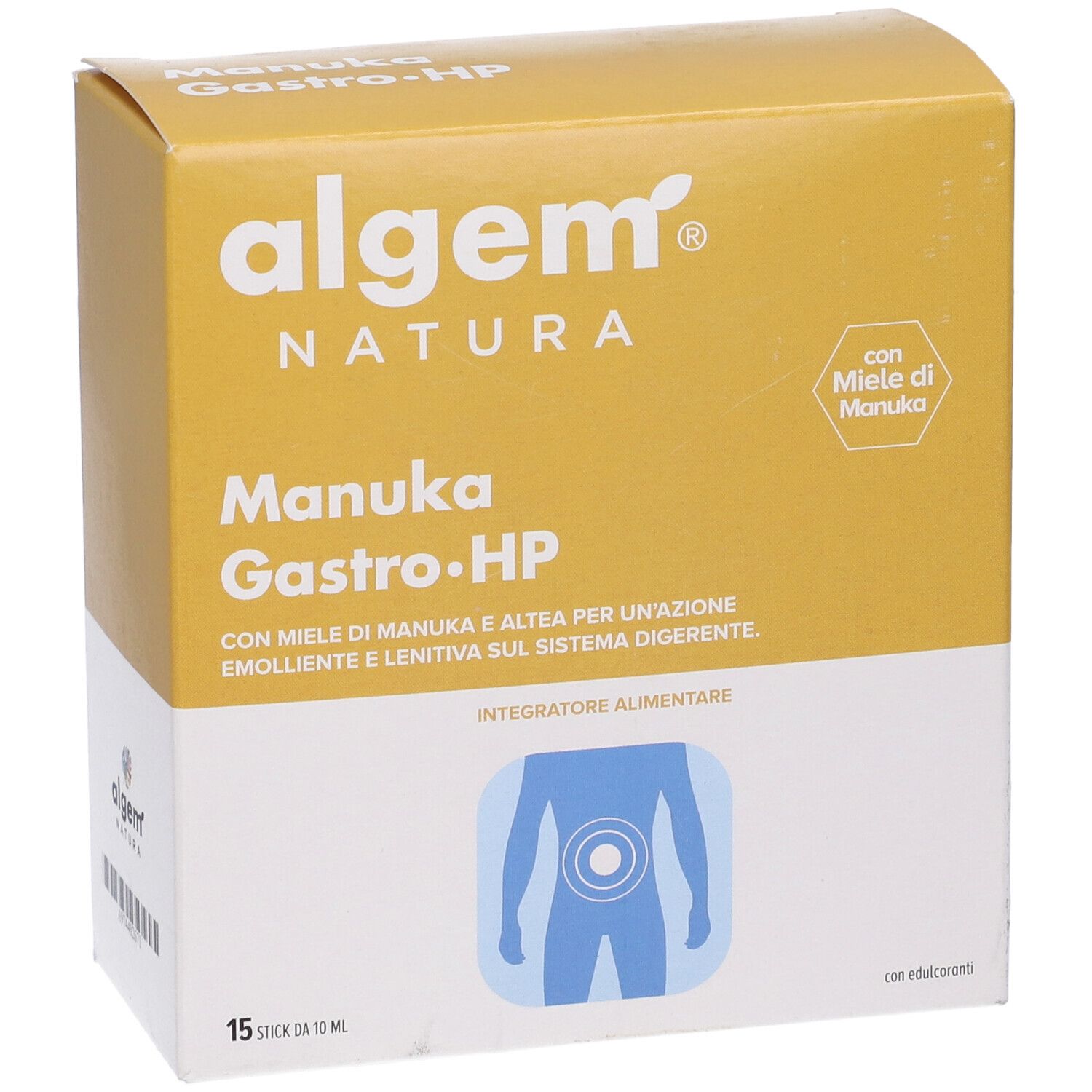Scatola gialla con nome e logo del prodotto. Contiene 15 stick. Con miele.