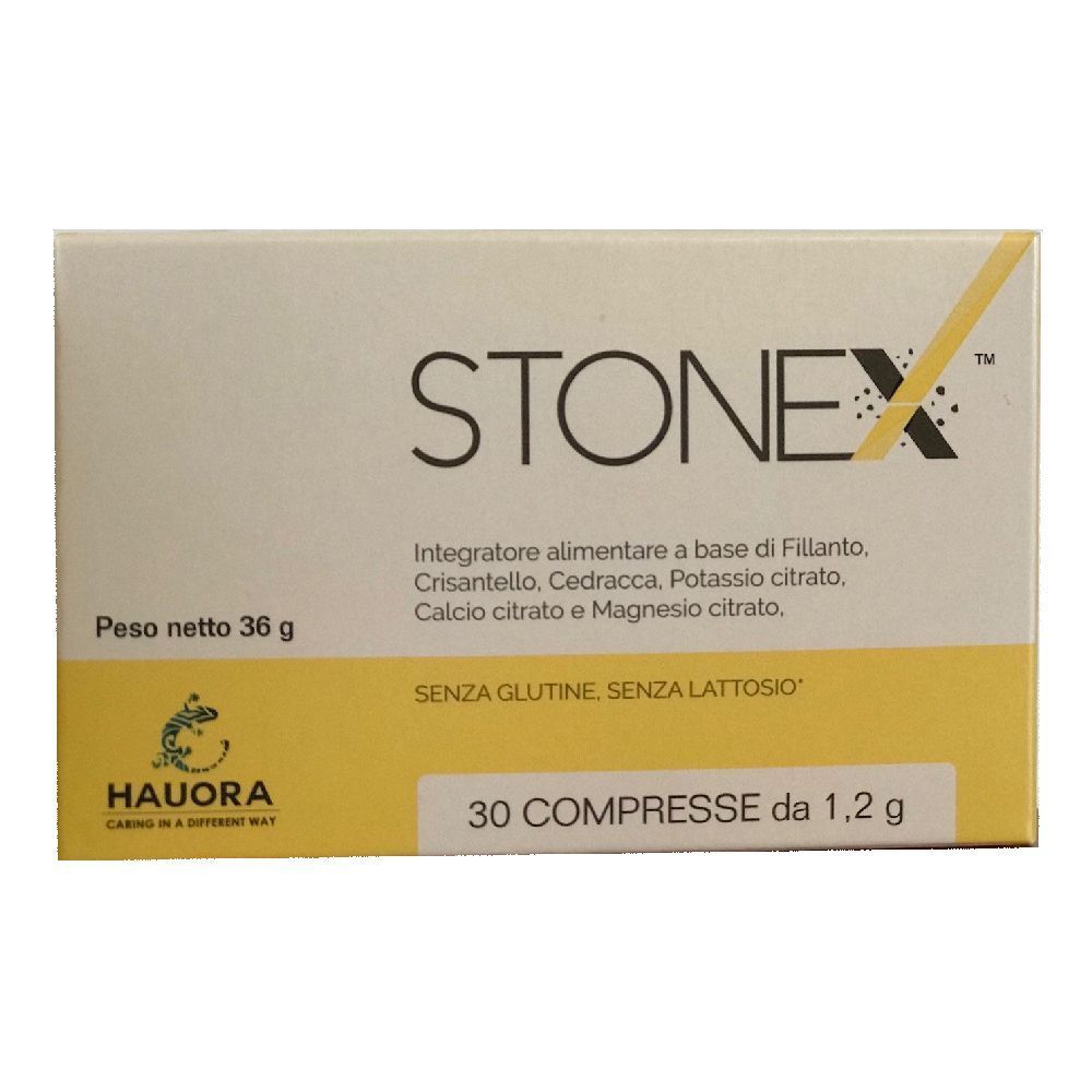 Scatola di compresse Stonex. Scritto: 30 compresse da 1,2 g. Senza glutine, senza lattosio. Marchio Hauora.