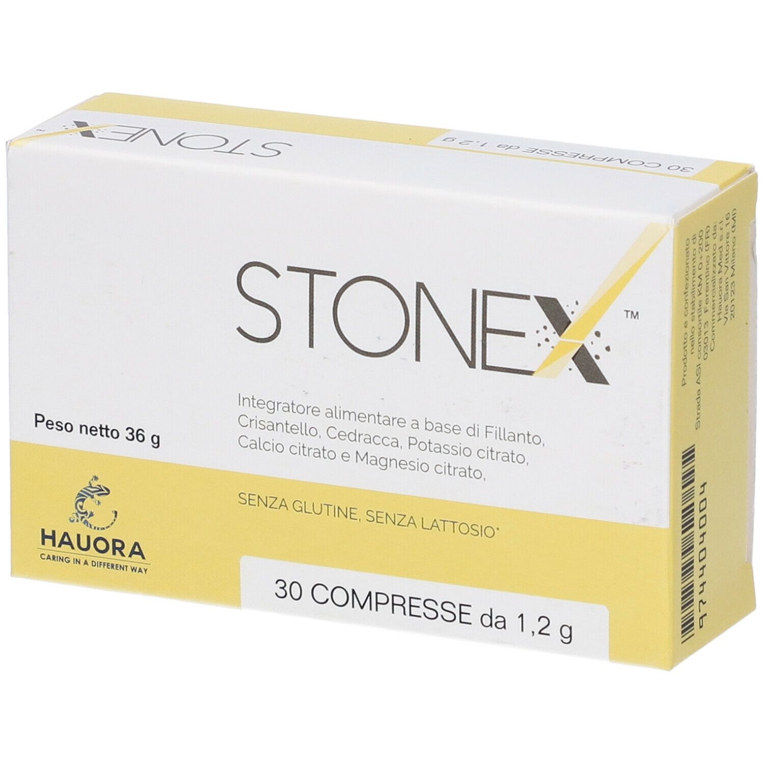 Scatola di compresse Stonex. Scritto: 30 compresse da 1,2 g. Senza glutine, senza lattosio. Marchio Hauora.