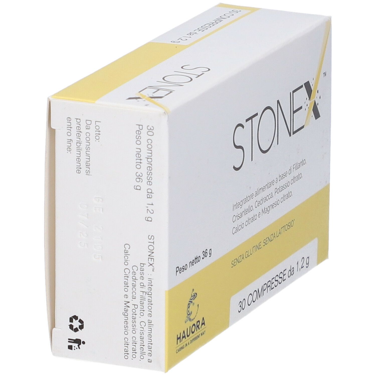 Scatola di compresse Stonex. Scritto: 30 compresse da 1,2 g. Senza glutine, senza lattosio. Marchio Hauora.