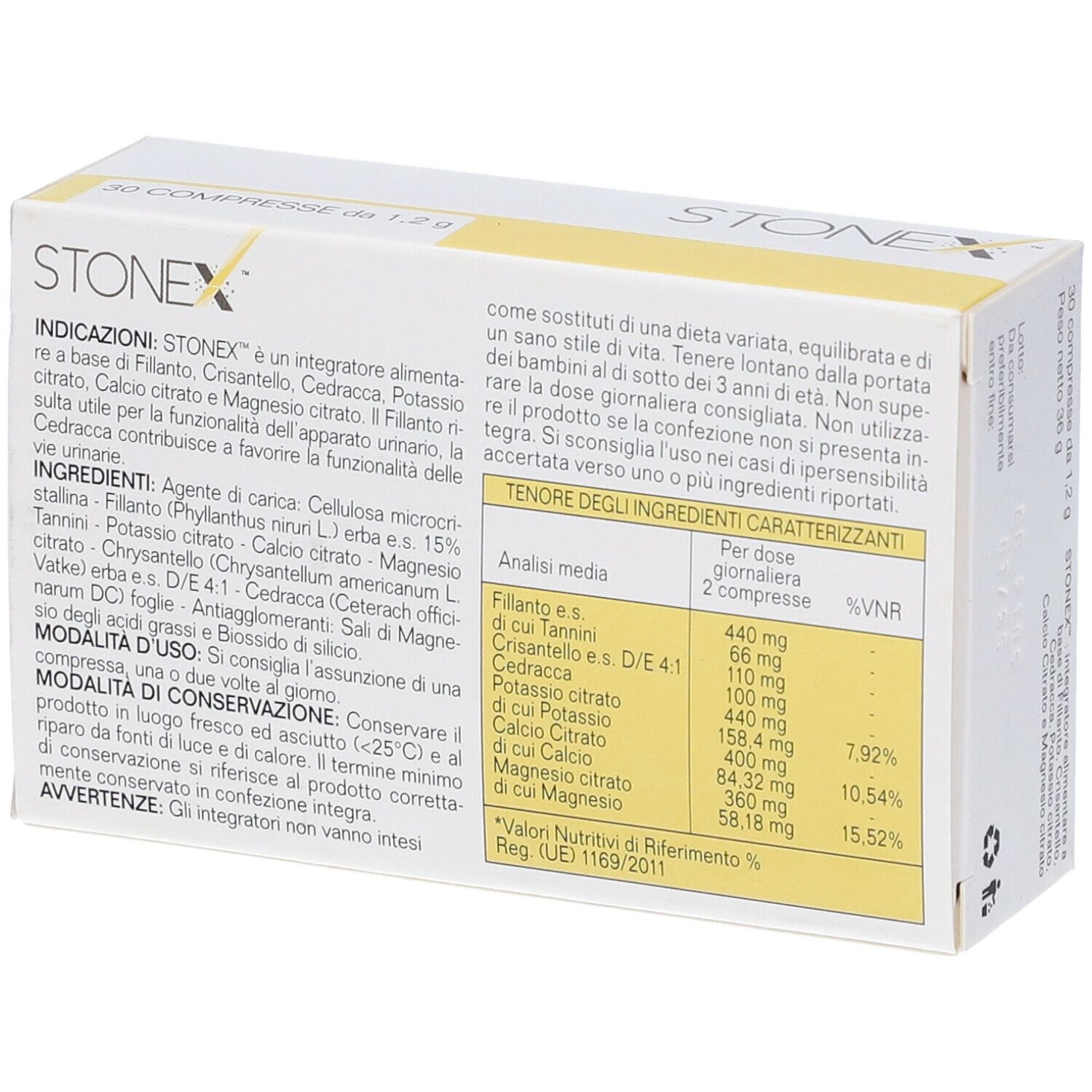 Retro della scatola di compresse Stonex. Contiene informazioni sugli ingredienti e sui valori nutrizionali. Marchio Hauora.