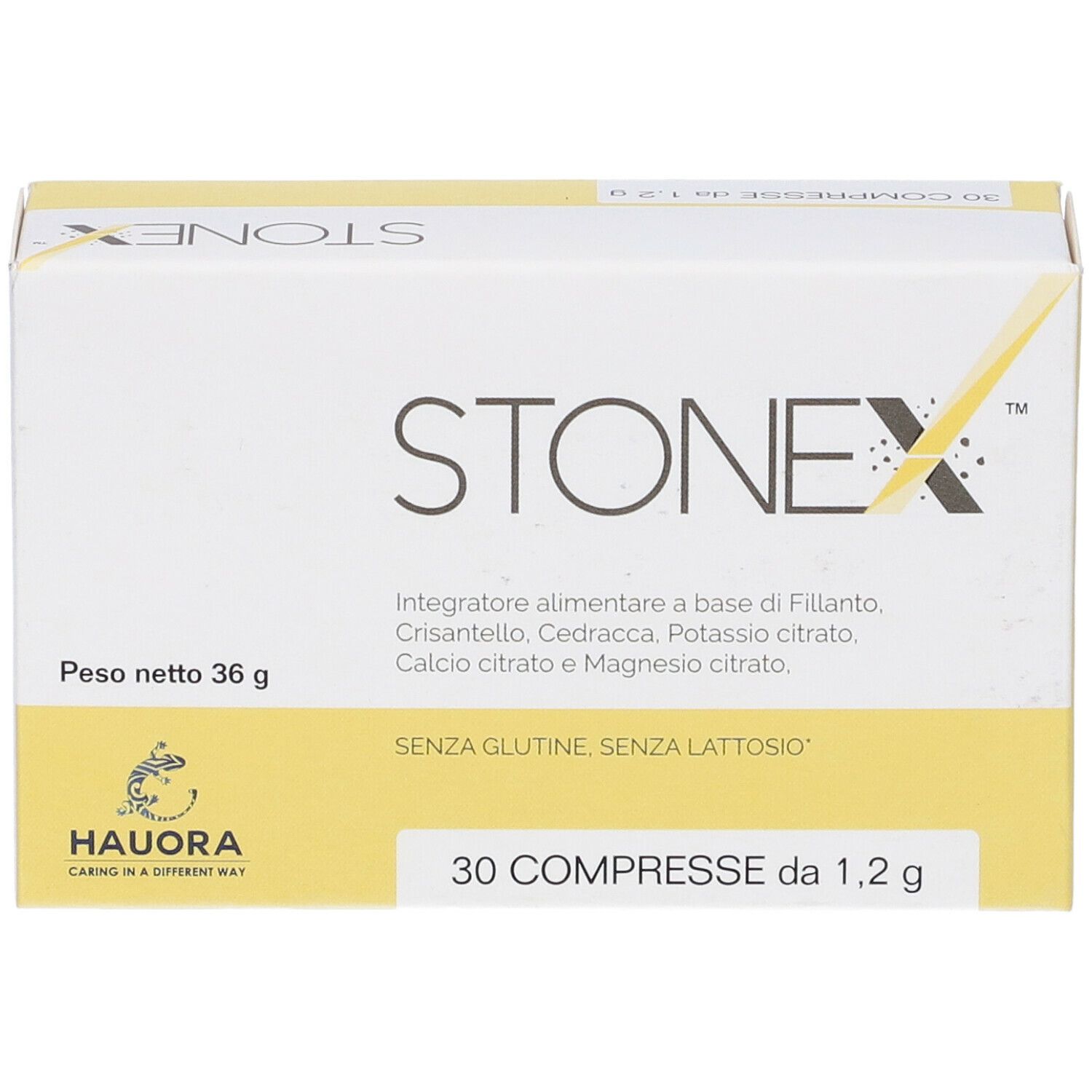 Scatola di compresse Stonex. Scritto: 30 compresse da 1,2 g. Senza glutine, senza lattosio. Marchio Hauora.