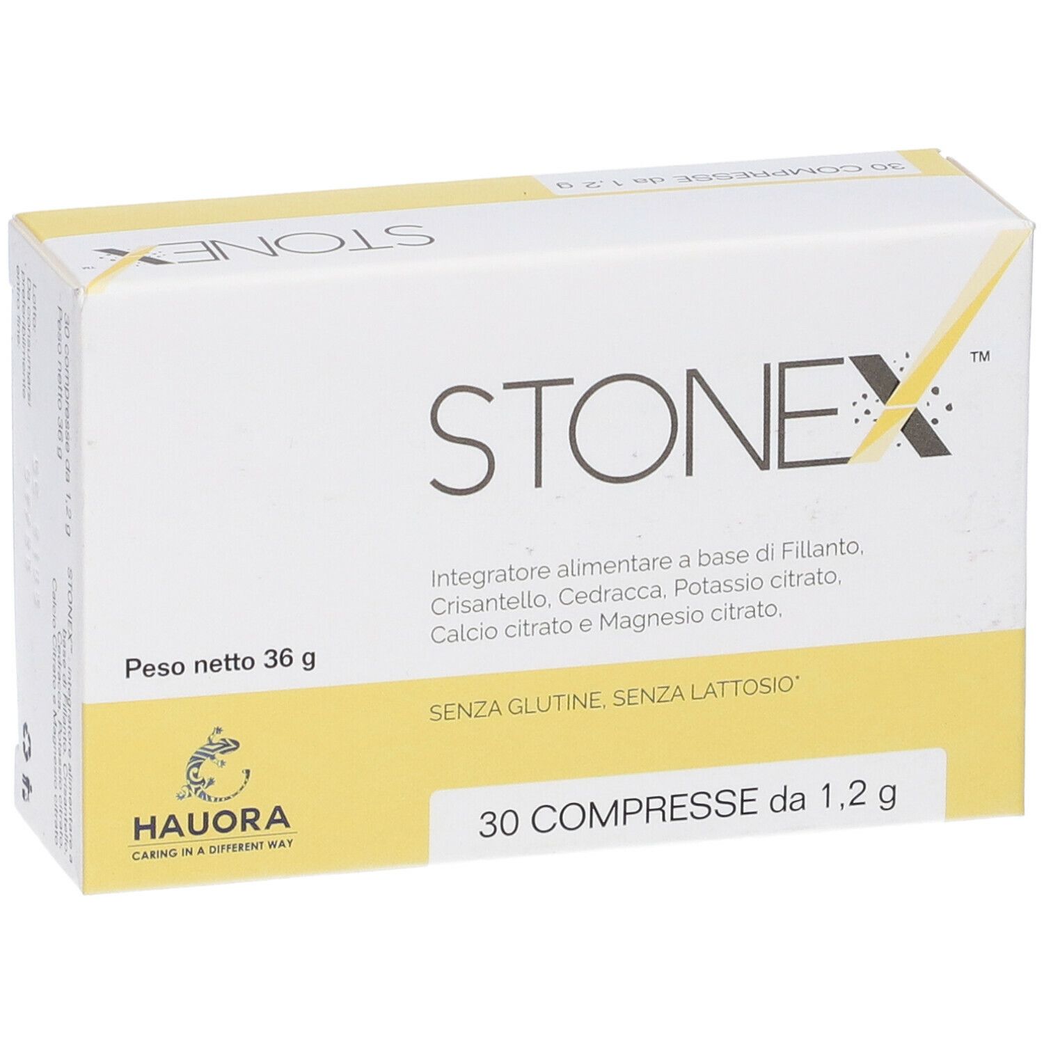 Scatola di compresse Stonex. Scritto: 30 compresse da 1,2 g. Senza glutine, senza lattosio. Marchio Hauora.