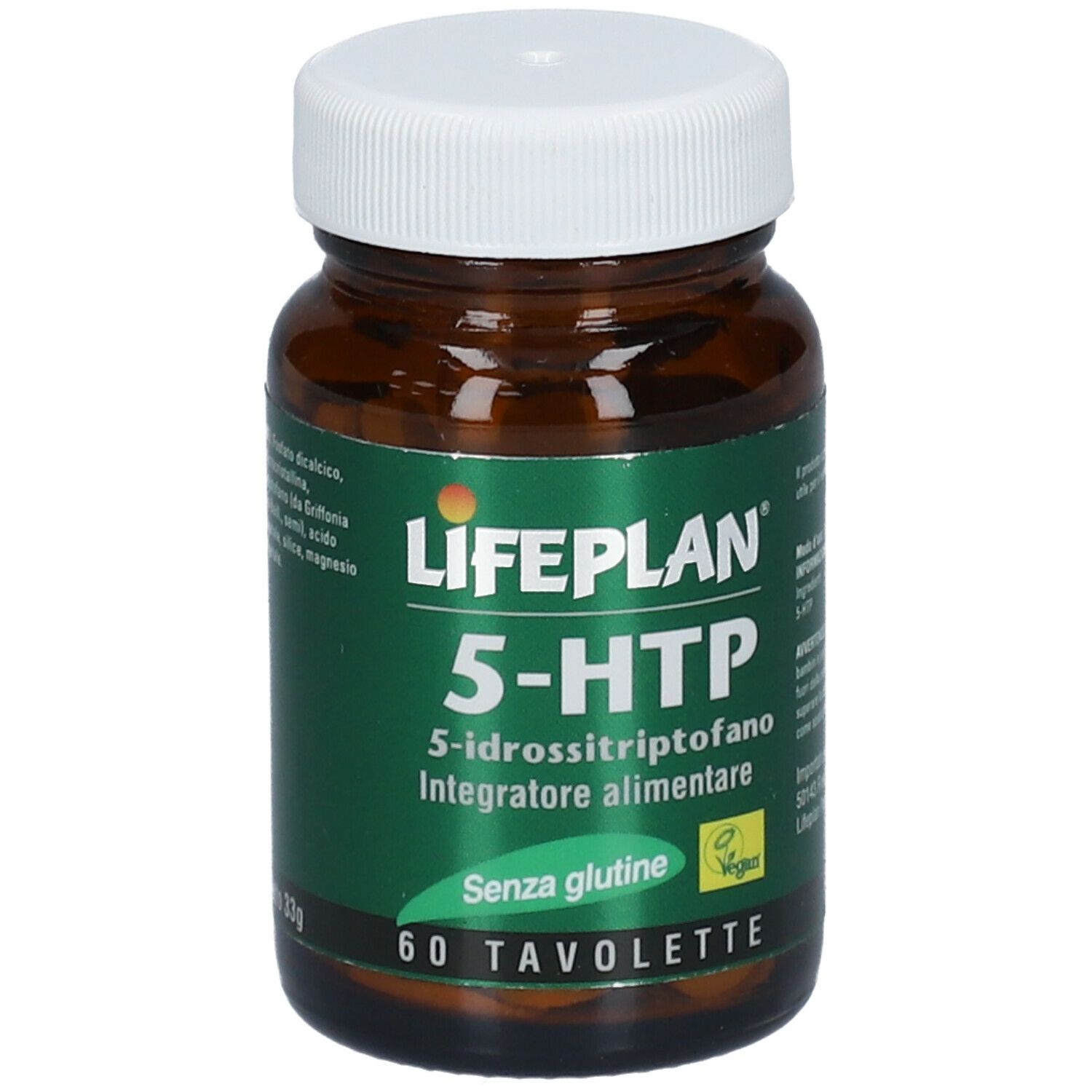 Flacone di vetro marrone con tappo bianco. Scritta LIFEPLAN 5-HTP, 60 compresse. Senza glutine e vegano.