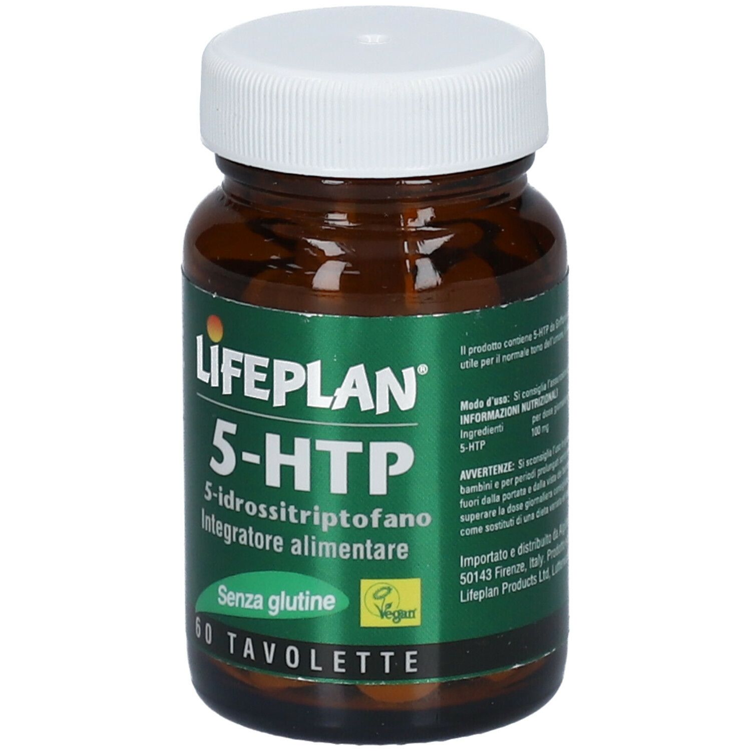 Flacone di vetro marrone con tappo bianco. Scritta LIFEPLAN 5-HTP, 60 compresse. Senza glutine e vegano.