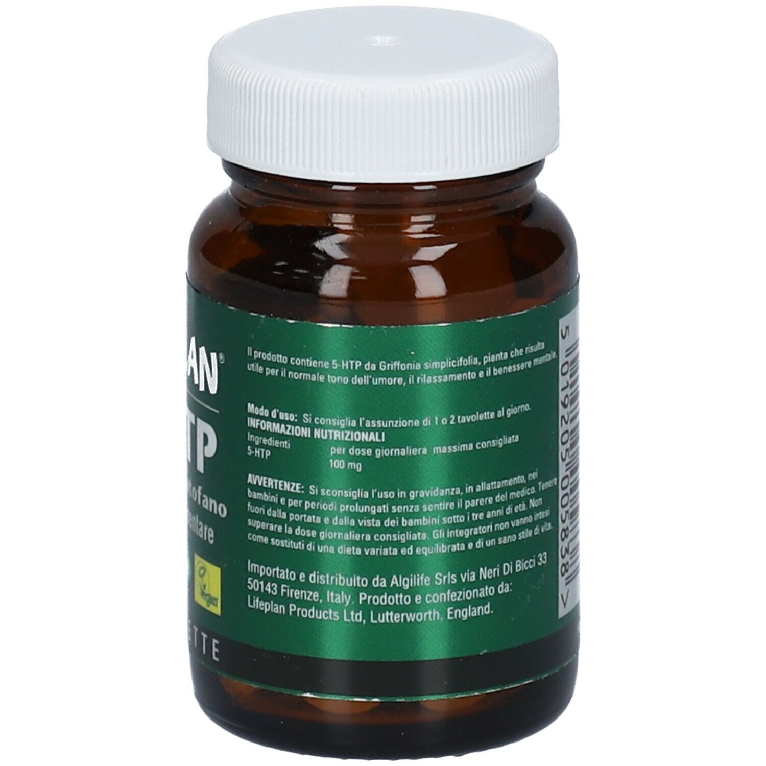 Flacone di vetro marrone con tappo bianco. Scritta LIFEPLAN 5-HTP, 60 compresse. Senza glutine e vegano.