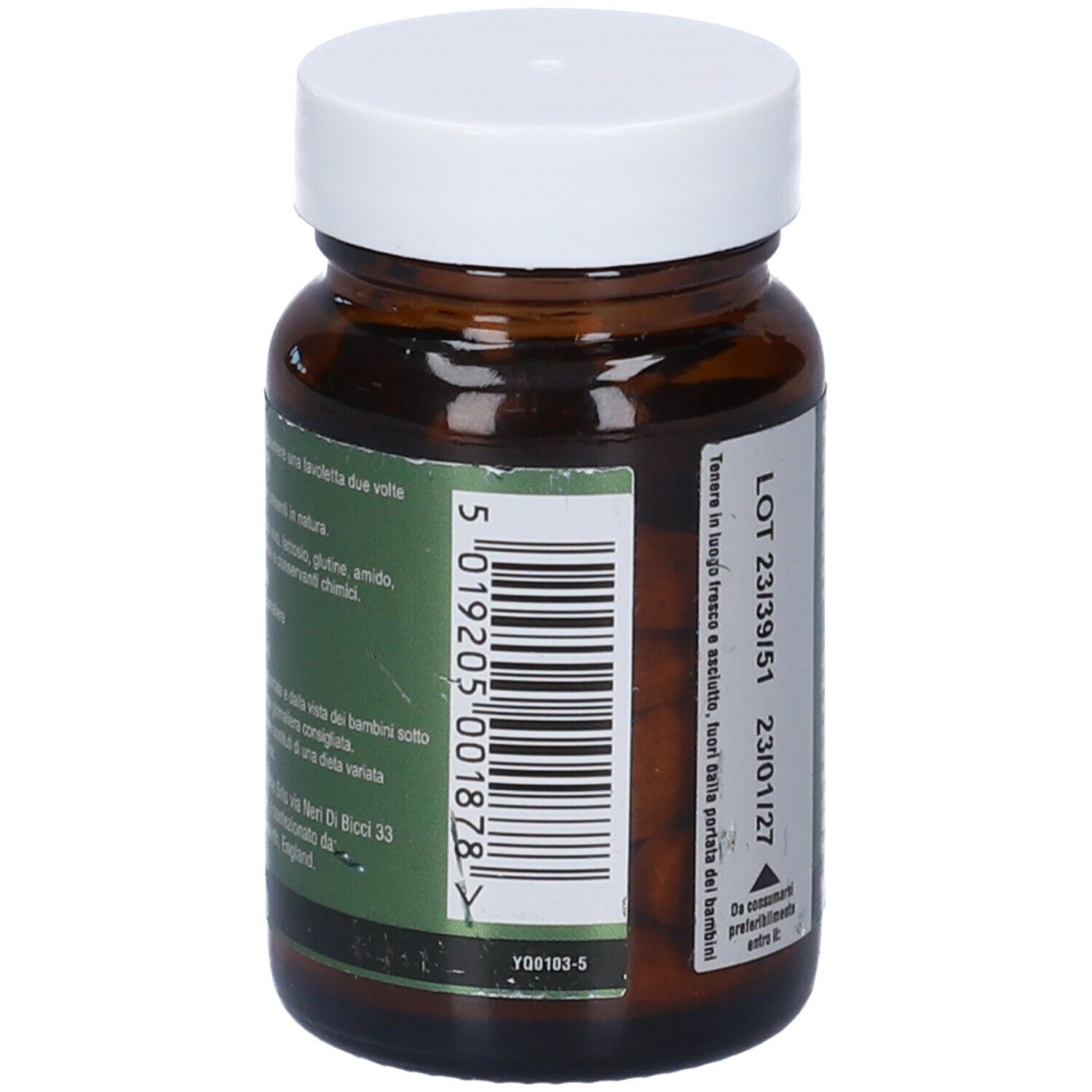 Retro del flacone marrone con tappo bianco. Codice a barre e informazioni sul produttore.